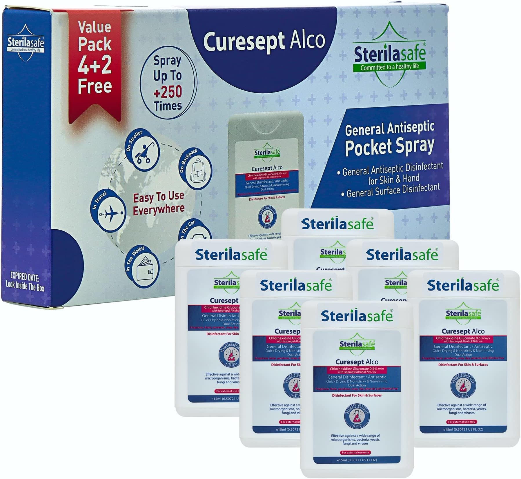Sterilasafe CureSept Alco General Antiseptic & Disinfectant, For Skin & Surfaces, Chlorhexidine Gluconate 0.5% With Alcohol 70%, Pocket Hand Spray, 15 ML, 4+2 Free Promo Pack