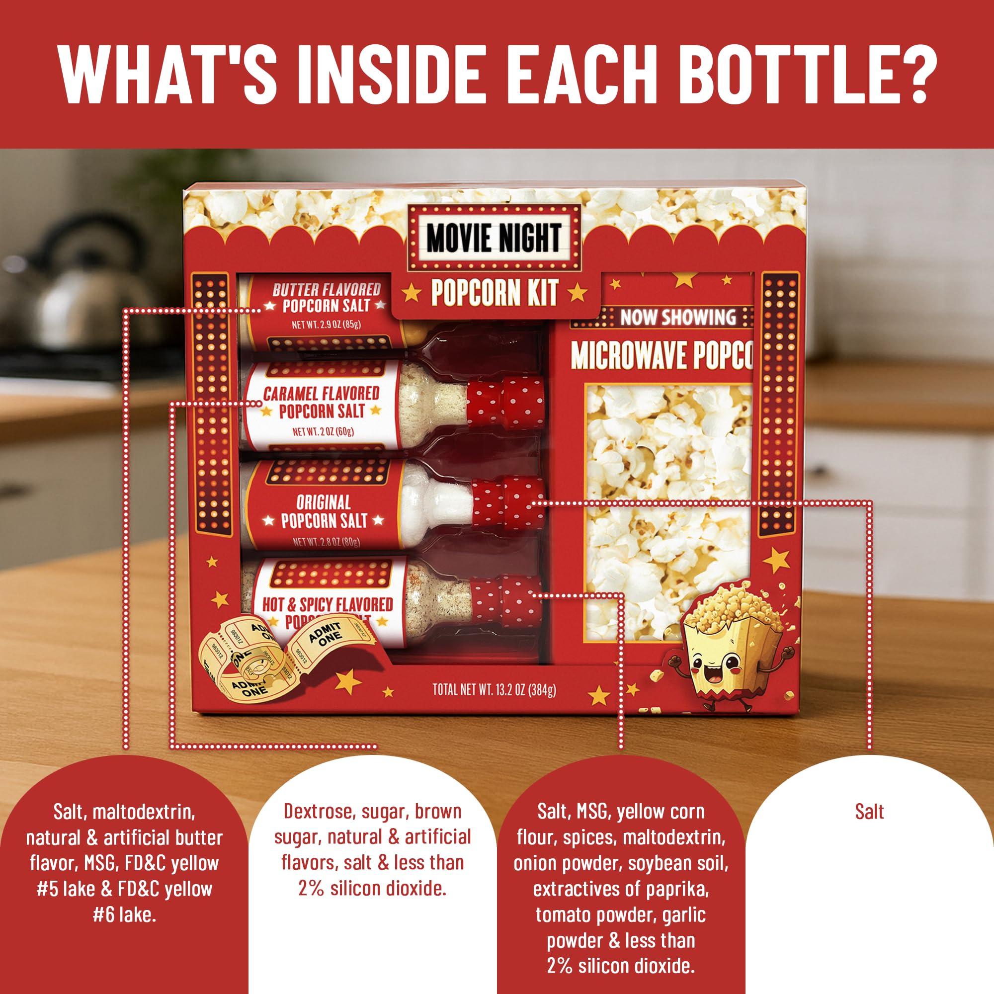Movie Night Popcorn Kit with Popcorn Seasoning & movie night supplies, Fun Gift Basket for Families, House Warming Gifts New Home, or Birthday