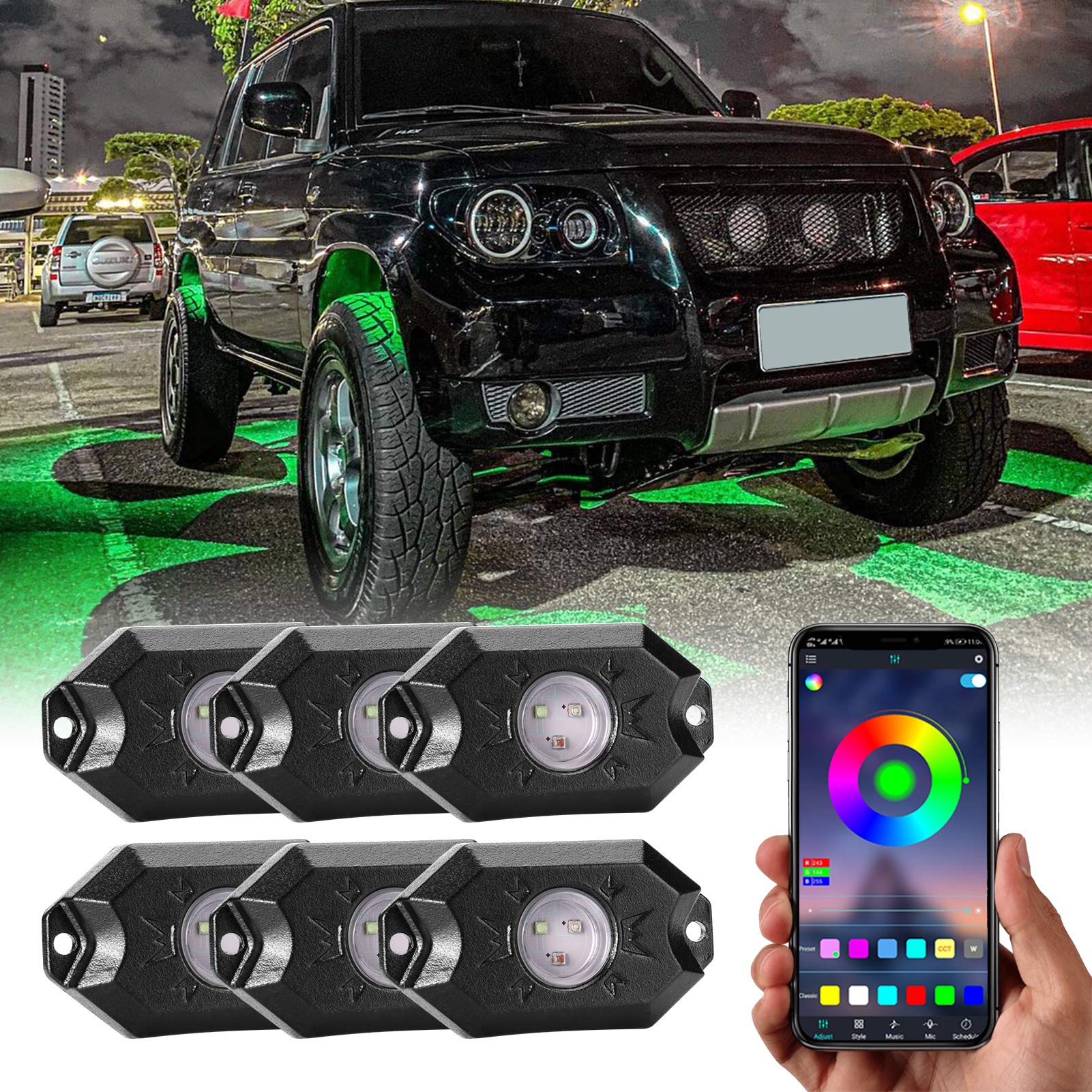 YCHOW-TECH RGB LED Rock Lights Kit, 6 Pods Underglow Multicolor Neon Light Pod with APP Control High Bright Multilcolor Timing Function, Music Mode Waterproof Light for ATV RZR UTV SUV Off Road