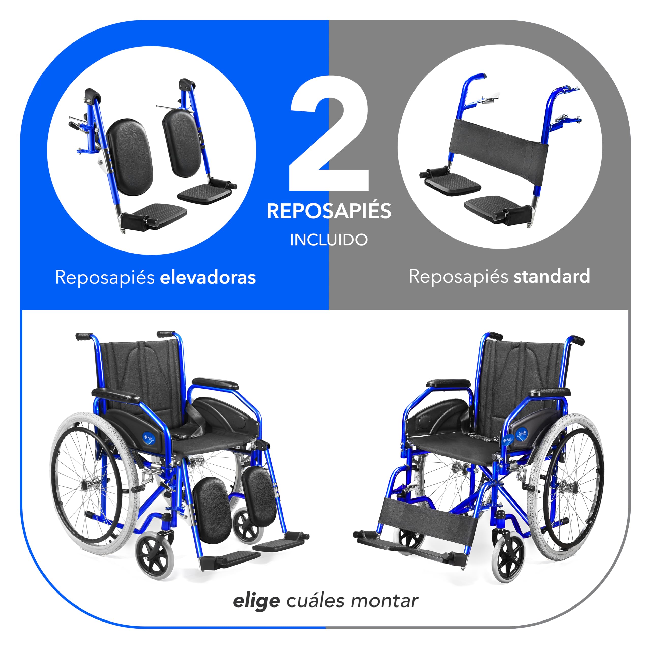 AIESI® Silla de Ruedas ligera plegable con reposapiés elevables ajustables AGILA EVOLUTION PLUS, Reposabrazos extraíbles, Cinturón de seguridad, Bomba de inflado, Garantía 24 meses