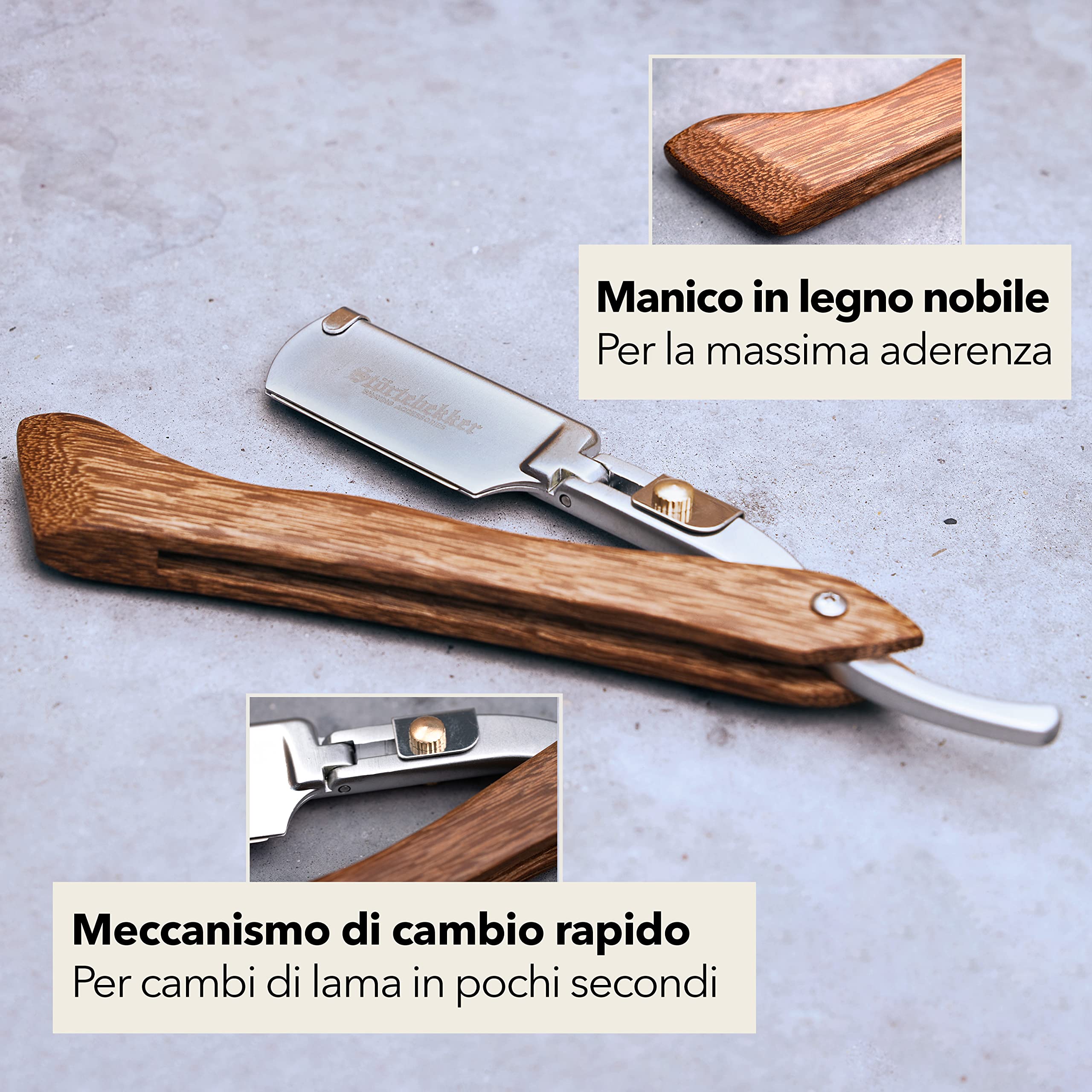Störtebekker Rasoio con manico in legno, in custodia in pelle fatta a mano, con pennello & 10 lame - Set di coltelli da barba - rasoi a umido di qualità premium - rasoio a mano libera (Legno - Nero)