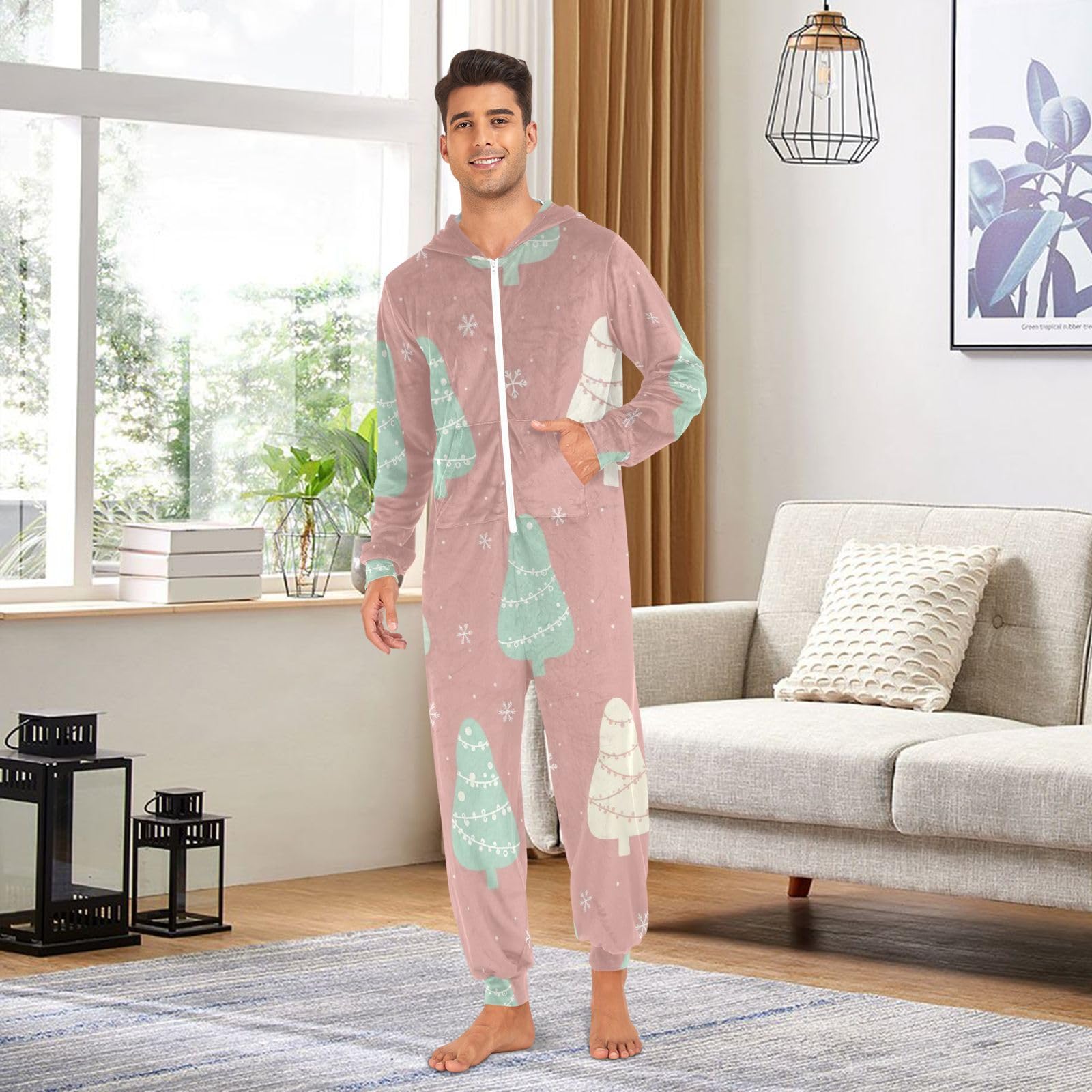 Carino alberi di Natale crema costume tuta intera donna adulto pigiama con cappuccio in peluche