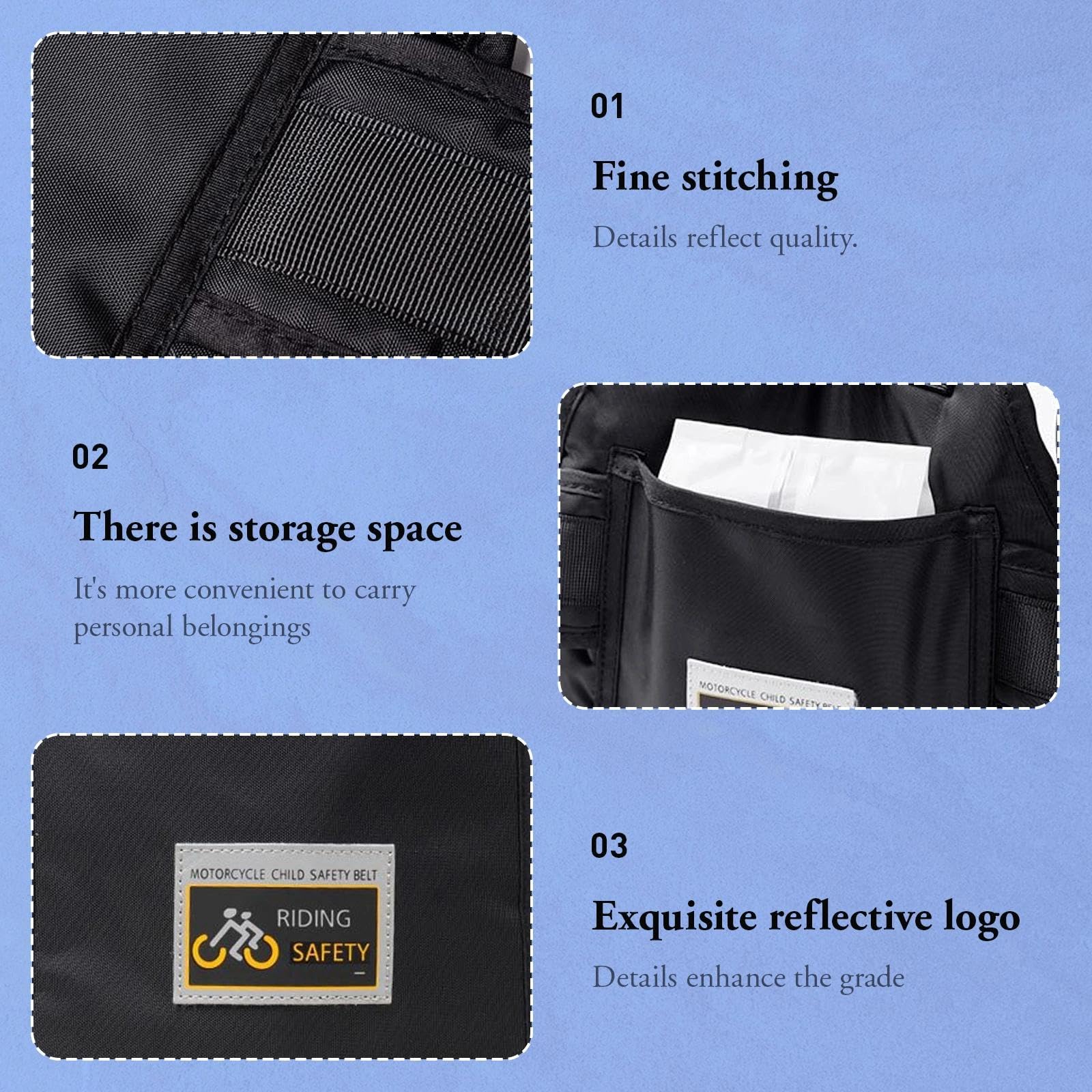 Harnais de Sécurité Moto Enfant Réglable avec Sac & Bandes Réfléchissantes, Ceinture Protection Moto Enfant Ajustable 2-15 Ans, Harnais Antichute pour Moto et Vélo Électrique