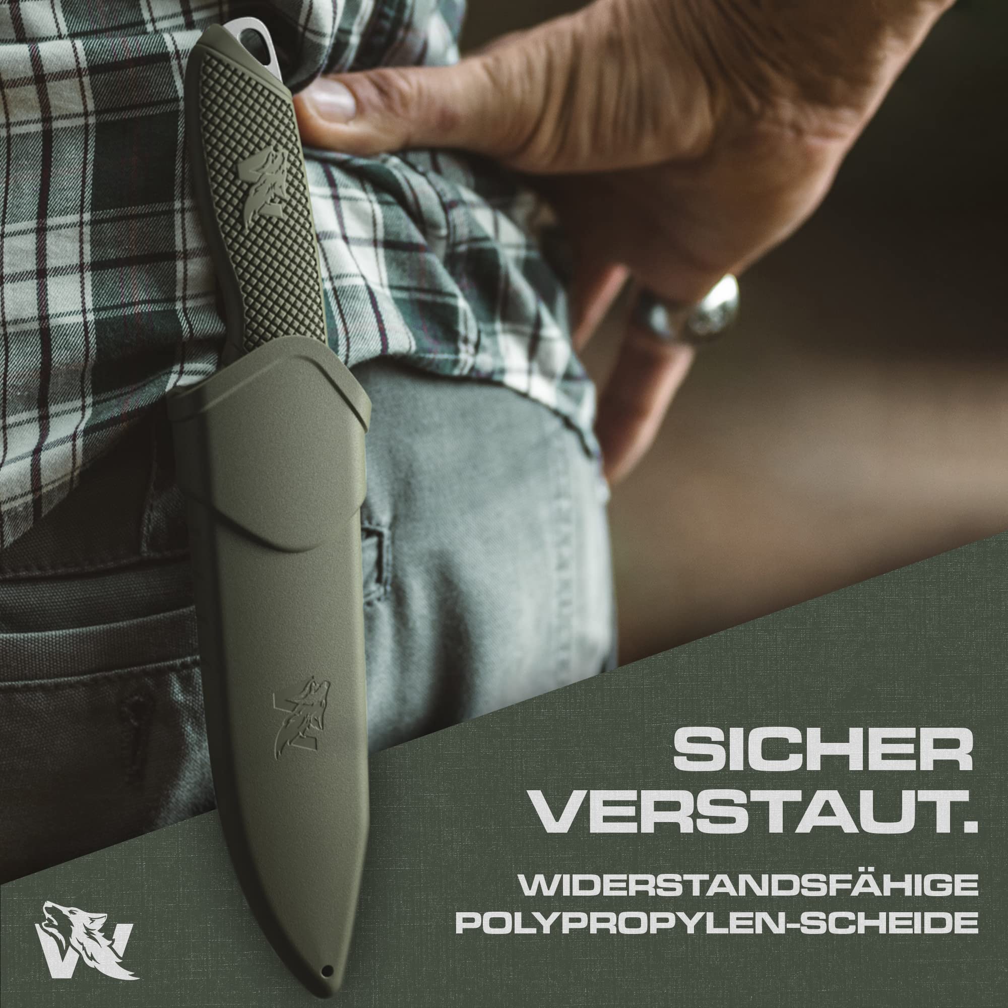 Wolfgangs WHUNTER 2 Jagdmesser feststehende Klinge mit Aufbrechhaken aus starkem D2 Stahl (Durchgängiger Erl) - Aufbrechmesser auch als Angelmesser - Survival Outdoor Messer mit robuster Scheide