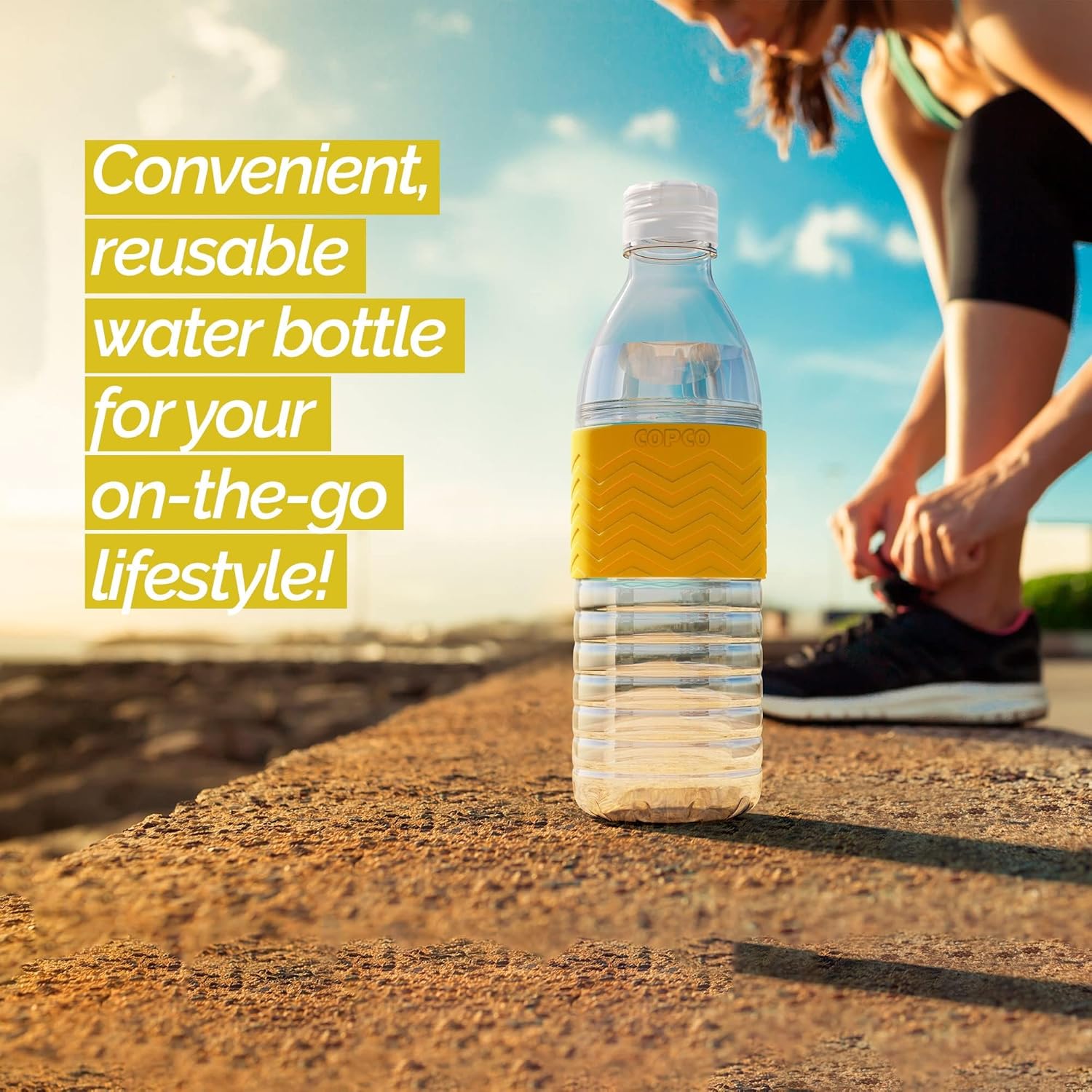 Copco Hydra 16.9 oz Water Bottle with Leak-Proof Lid - Tritan Reusable with Textured Grip Sleeve - BPA-Free, Shatter-Resistant, Dishwasher Safe for Travel, Gym, Work, Outdoors (Chevron Buttercream) - Image 2