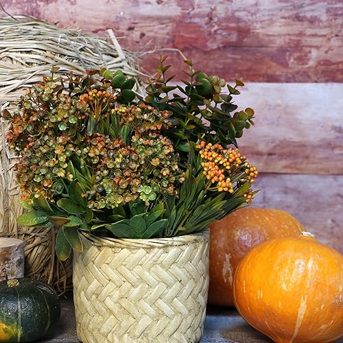 Miniatura 5 de Flores artificiales de otoño para mamás al aire libre, 6 paquetes de plantas falsas que no se decoloran, arbustos verdes de plástico sintético para