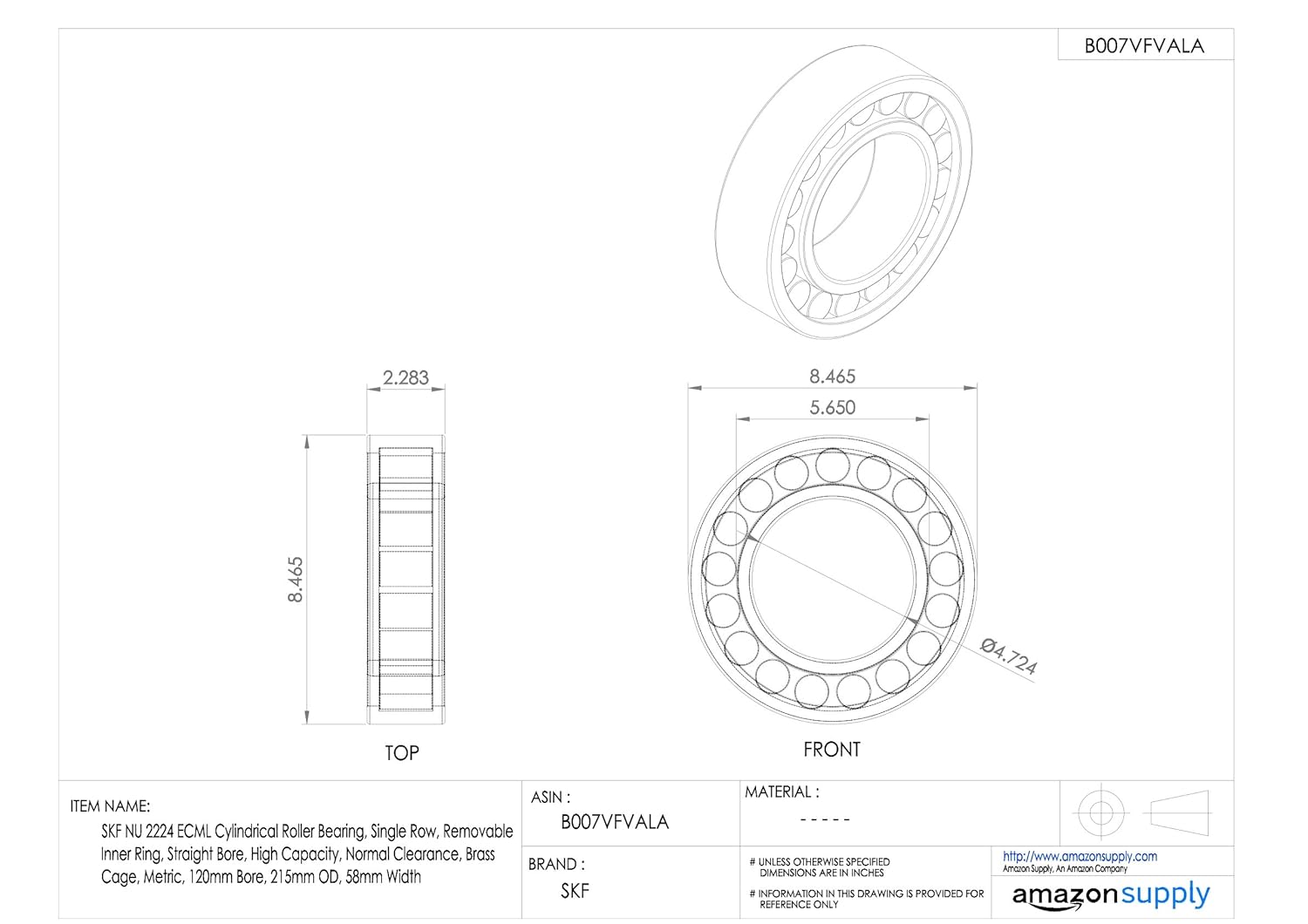 SKF NU 2224 ECML Cylindrical Roller Bearing, Single Row, Removable Inner Ring, Straight Bore, High Capacity, Normal Clearance, Brass Cage, Metric, 120mm Bore, 215mm OD, 58mm Width