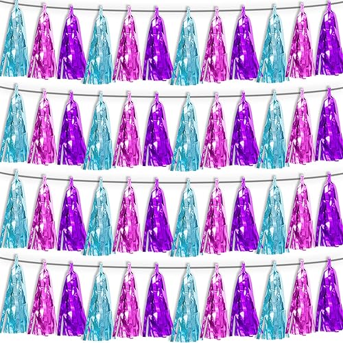 Guirnalda de borlas azul lago, morado y rosa intenso, 4P, guirnalda metálica de flecos de oropel, borlas de oropel, telón de fondo para desfiles,