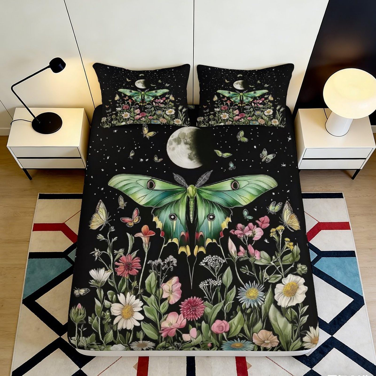 3D Printed Moon Butterfly Fitted Sheet Microfiber Floral Garden Bed Cover for Bedroom Guest Room Easy Care Decor 90x200x25cm