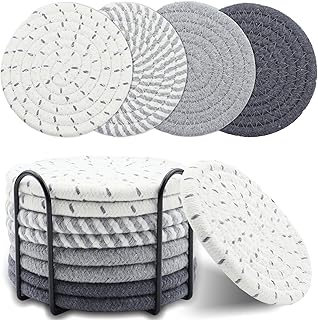 8 Pcs Drink Coasters with Holder, Minimalist Cotton Woven Coaster Set, 4 Colors Absorbent Coaster Protection Protection for Various Cups, Ideal for Coffee Tables and Home Decor Tabletop, 4.3 Inches
