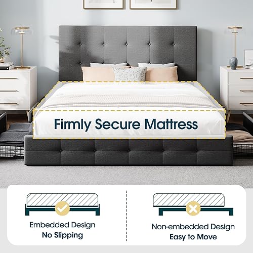 Miniatura 51 de WEEWAY Base de cama de plataforma tamaño Queen con 4 cajones de almacenamiento, cabecera capitonada con botones de costura de diamante, base de