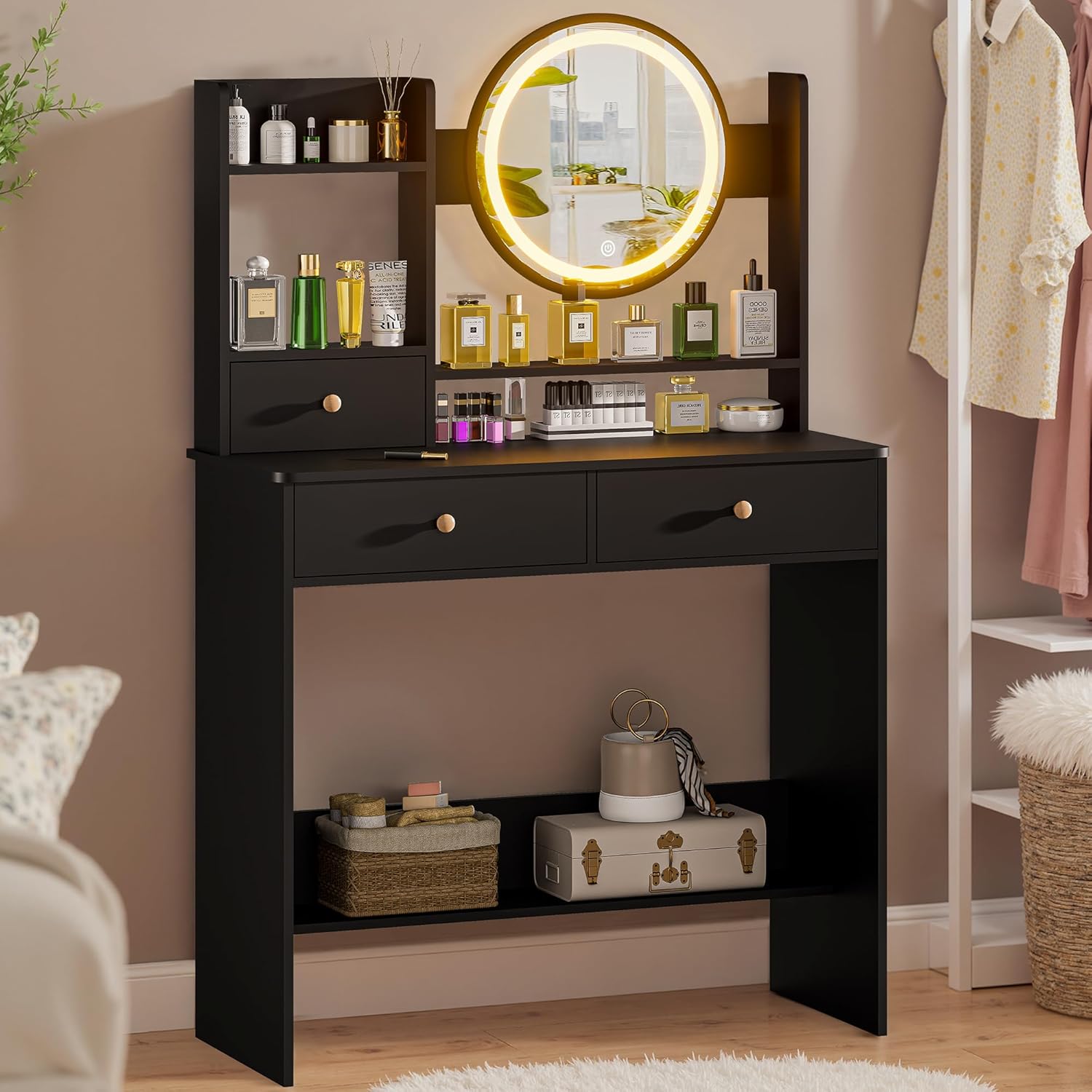 Vanity Desk with LED Lighted Mirror, Makeup Vanity Desk with 3 Drawers & Storage Shelves, 3 Color Modes, Dressing Table for Bedroom, Black