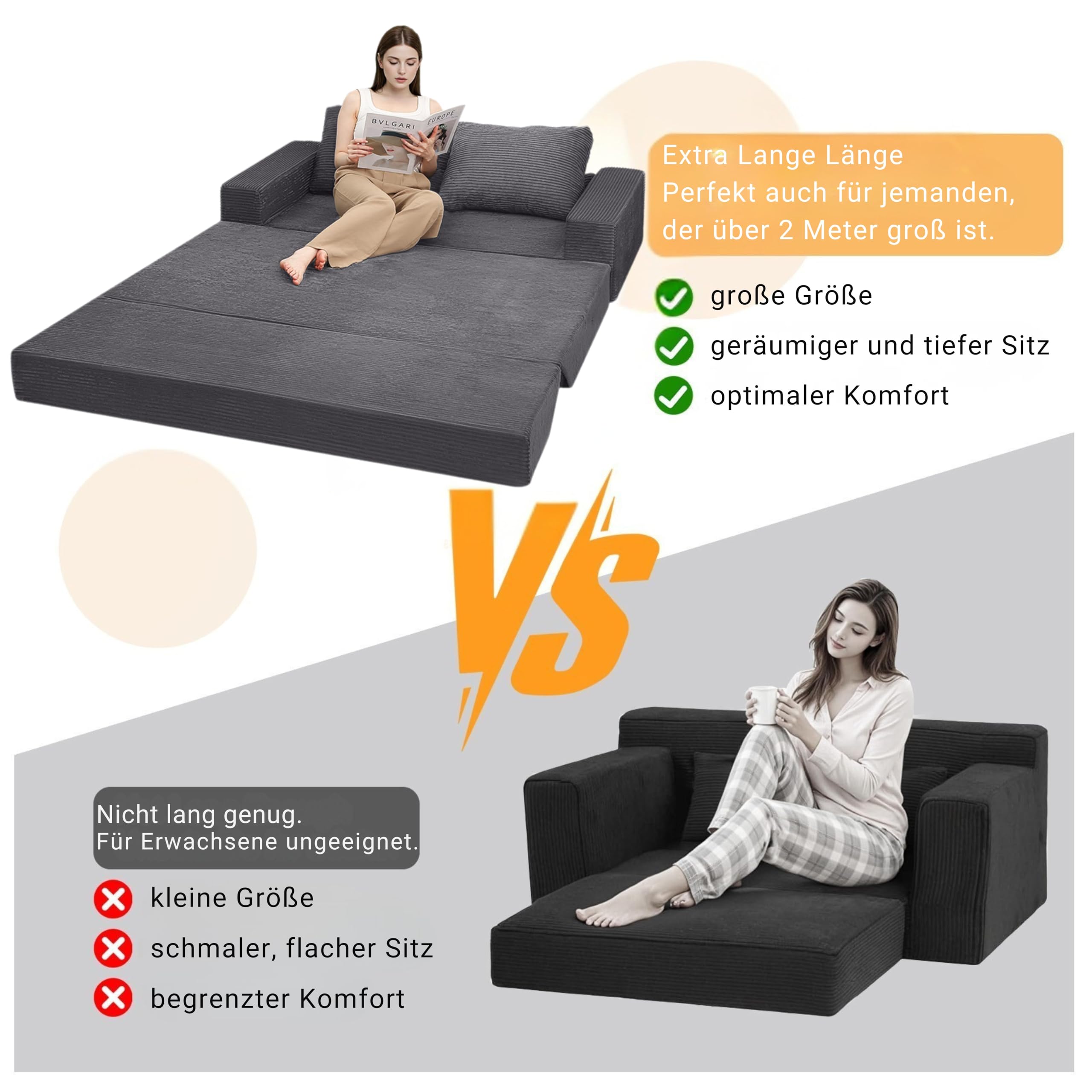 MeMoreCool Boneless Couch, Cord Faltbares Bodensofa mit Kissen, Ausziehbares Futon Schlafsofa, Bequemes Lounge-Sofa/Matratze/Gästebett für Wohnzimmer und Schlafzimmer, Grau