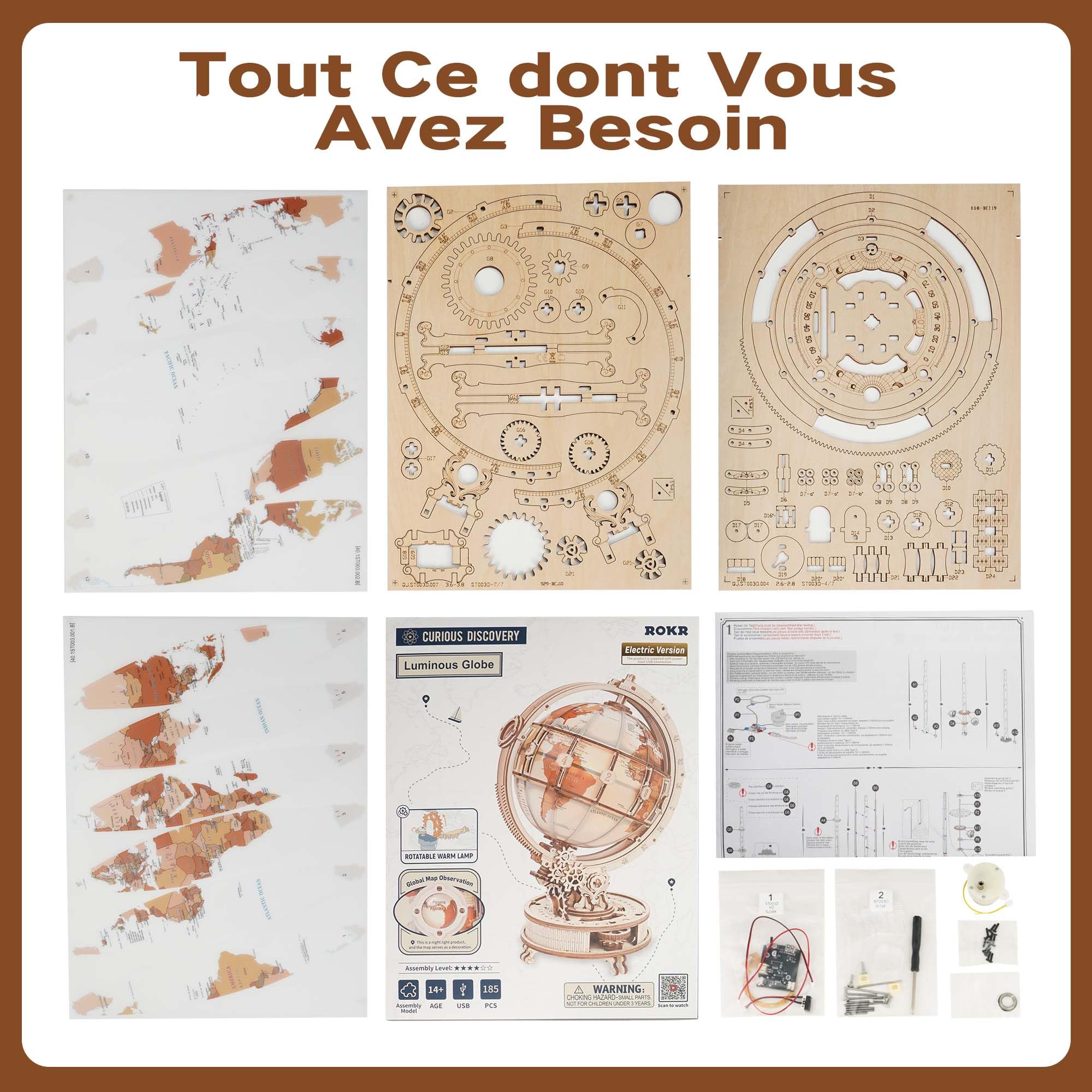 ROKR Puzzle 3D Bois Maquette Construction Adulte Nouveauté Électrique Luminous Globe,Idée Cadeau d'Anniversaire