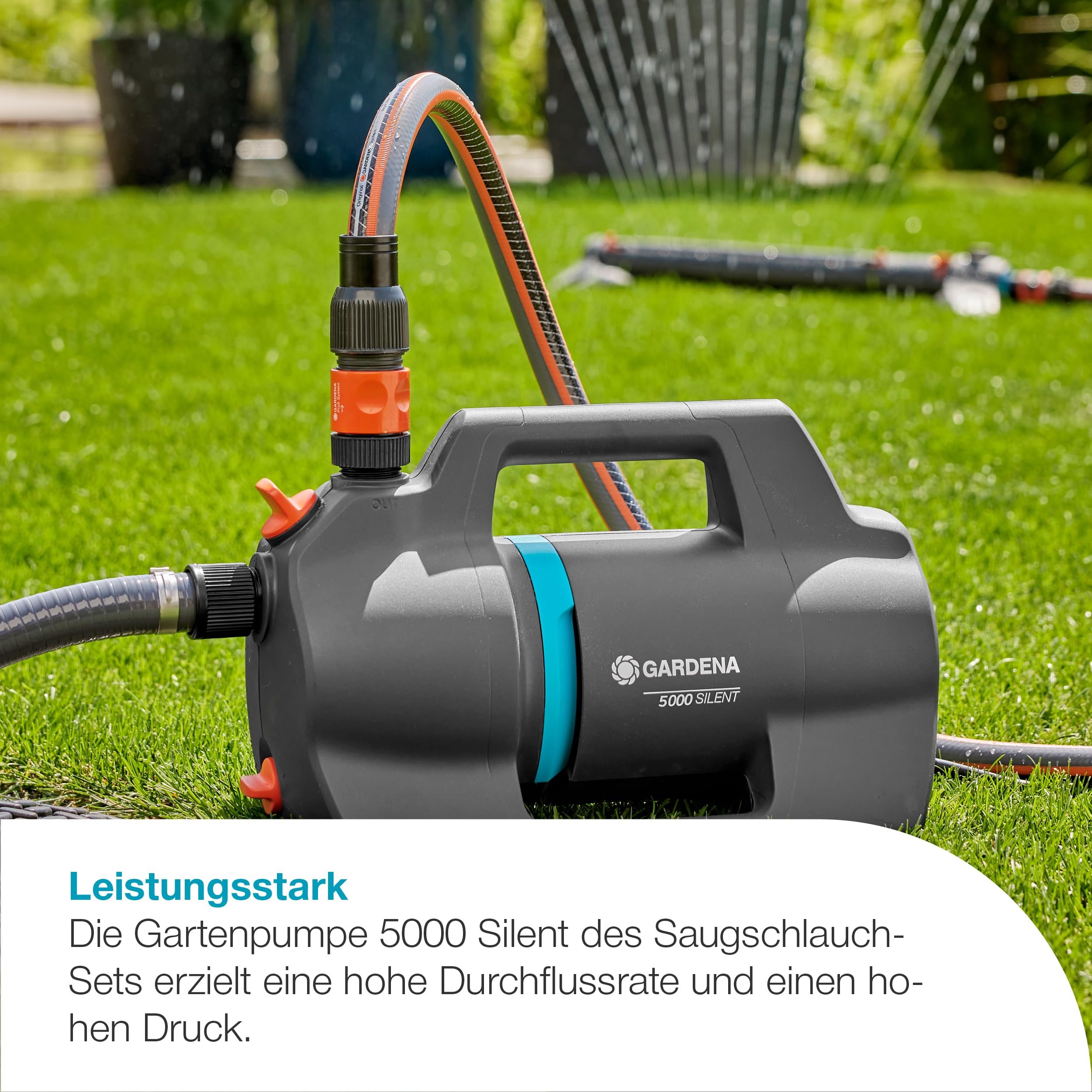 Gardena Gartenpumpe 5000 Silent Saugschlauch-Set Pumpen: 26% mehr Wasserdurchfluss bei gleichem Energieverbrauch im Vergleich zum Vorgänger-Modell*, Leise im Betrieb (09082-20)
