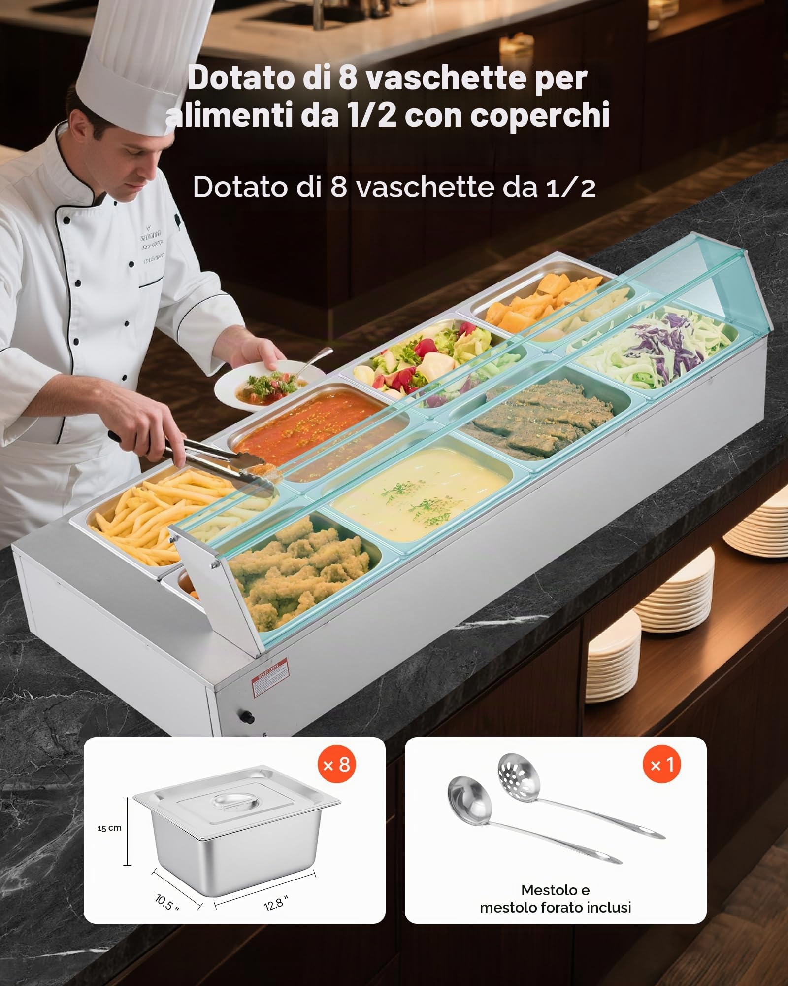 VEVOR Scaldavivande Commerciale, Scaldavivande Elettrico in Acciaio Inox da 1700 W con Coperchio in Vetro, Bagnomaria da Banco a 8 Teglie, con Mestoli per Zuppa e Forati, per Ristoranti