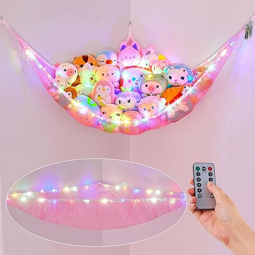 Vista 16 de Basumee Red de animales de peluche o hamaca con luz LED, hamaca de red de juguetes para almacenamiento de animales de peluche, hamacas para cuarto