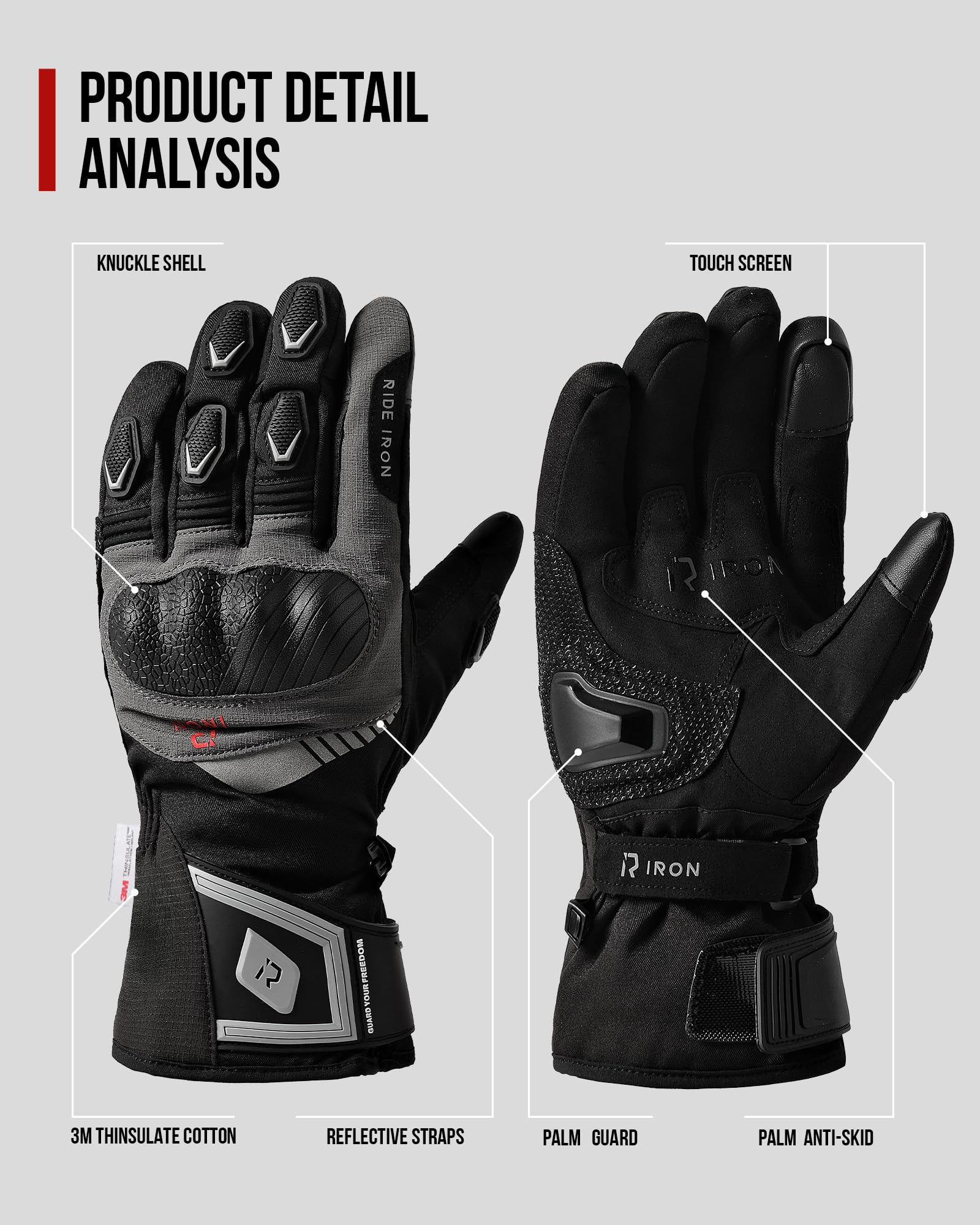 RIDEIRON Winter Motorradhandschuhe Herren, Warm & Wasserdicht, Touchscreen, Verstärkte Zone, 3M Isolierung für kalte Temperaturen，M-XXL