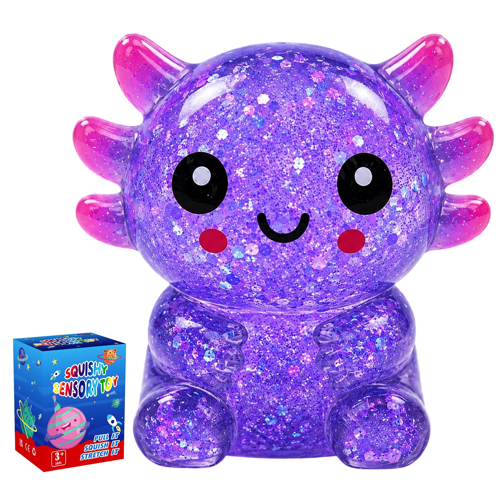 Axolotl Squishy Stress Relief Toy, Soft TPR Squeeze Fidget Toy for Kids & Adults, Cute Axolotl Sensory Stress Ball for Anxiety, Focus, Party Favors (Purple)