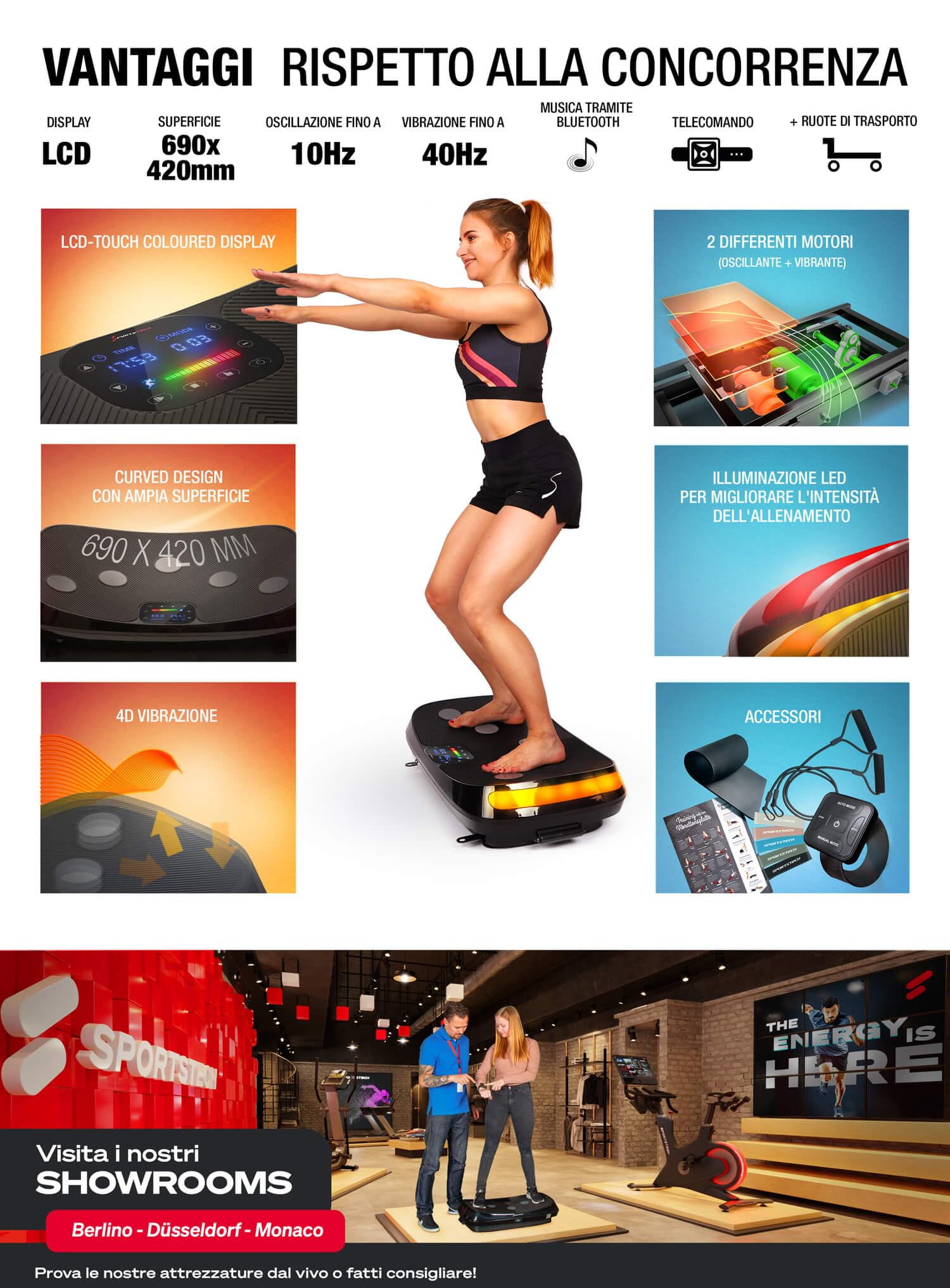 Sportstech - VP400 4D Pedana Vibrante, Curvo Pedana Vibrante Fitness con Tecnologia Smart LED, Compatto Attrezzi Fitness con Orologio Remoto, Fasce di Resistenza e Pavimento Tappetino da Palestra