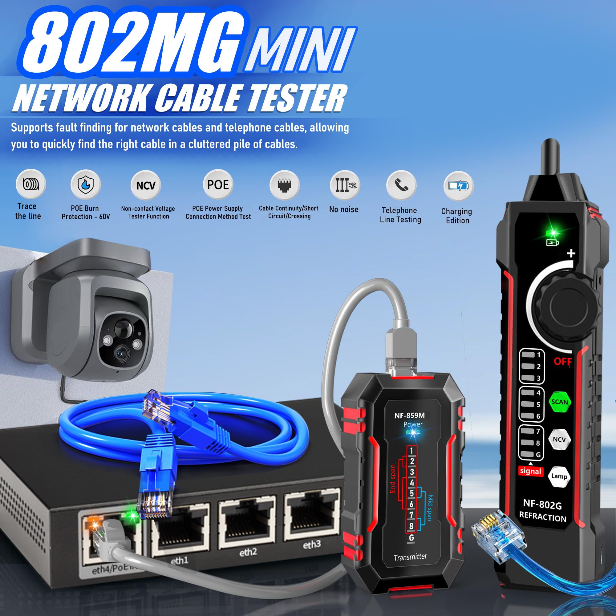 Testeur de câble Ethernet, testeur de câble réseau, RJ45/RJ11/Cat5/Cat6