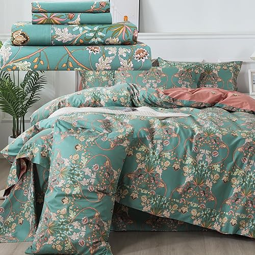 FADFAY Juego de sábanas Shabby Floral con funda de edredón, 7 piezas, tamaño Queen, 100% algodón, suave, verde azulado, turquesa, ropa de cama