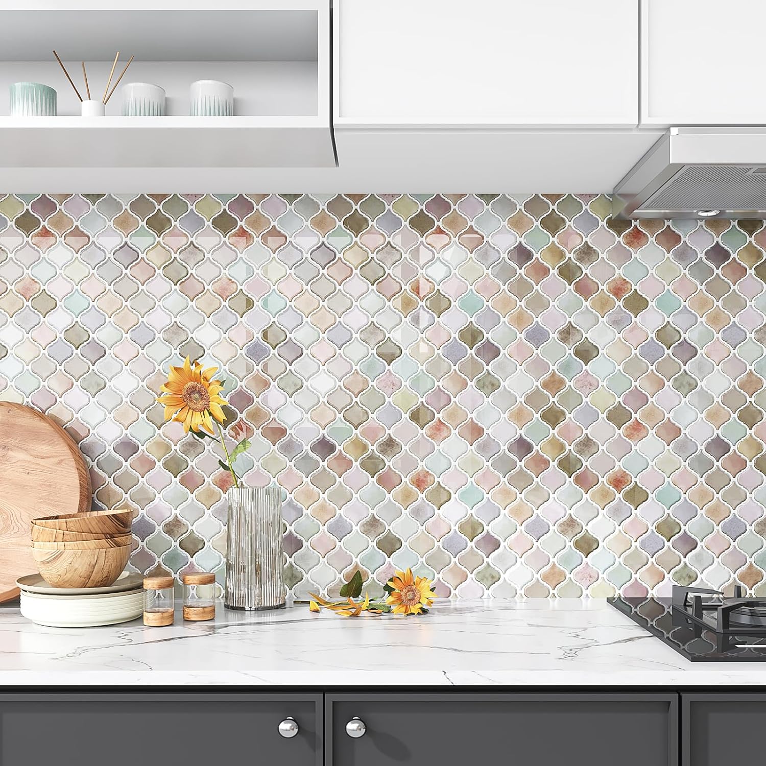 VEELIKE Arabesque Peel and Stick Backsplash for Kitchen Wall 12 Sheets Pink Peel and Stick Tile Backsplash Renter Friendly Self Adhesive 12''x12'' Back Splash Tile Stickers for Bathroom Powder Room RV Box of 12 Tiles