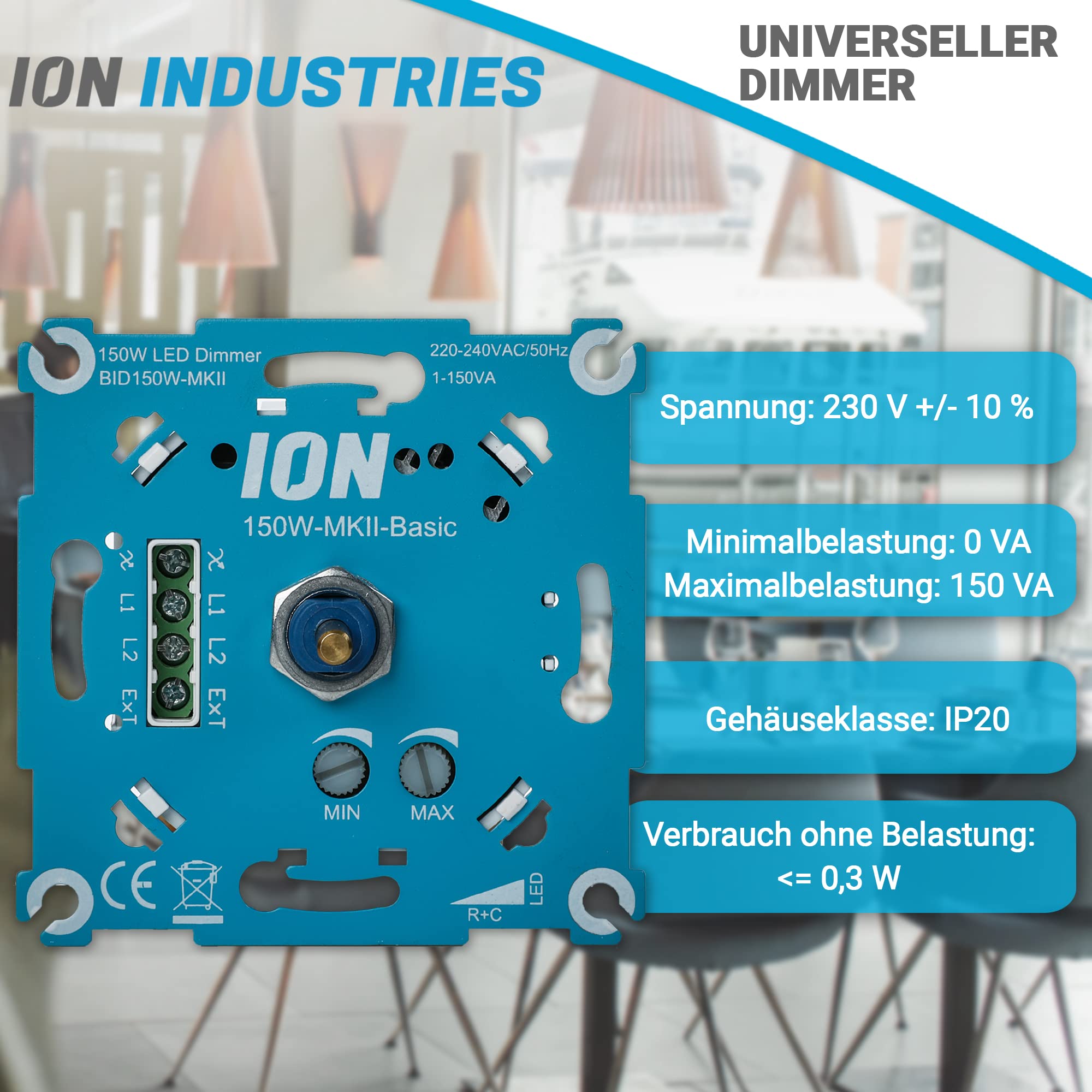 LED-Dimmer 150W MK-II Basic Ion Industries Dimmschalter Dimmbare Led - Wandschalter mit zeitlosem Design - Professioneller dimmbarer Lichtschalter - Drehdimmer - Dimmer - Einbau -