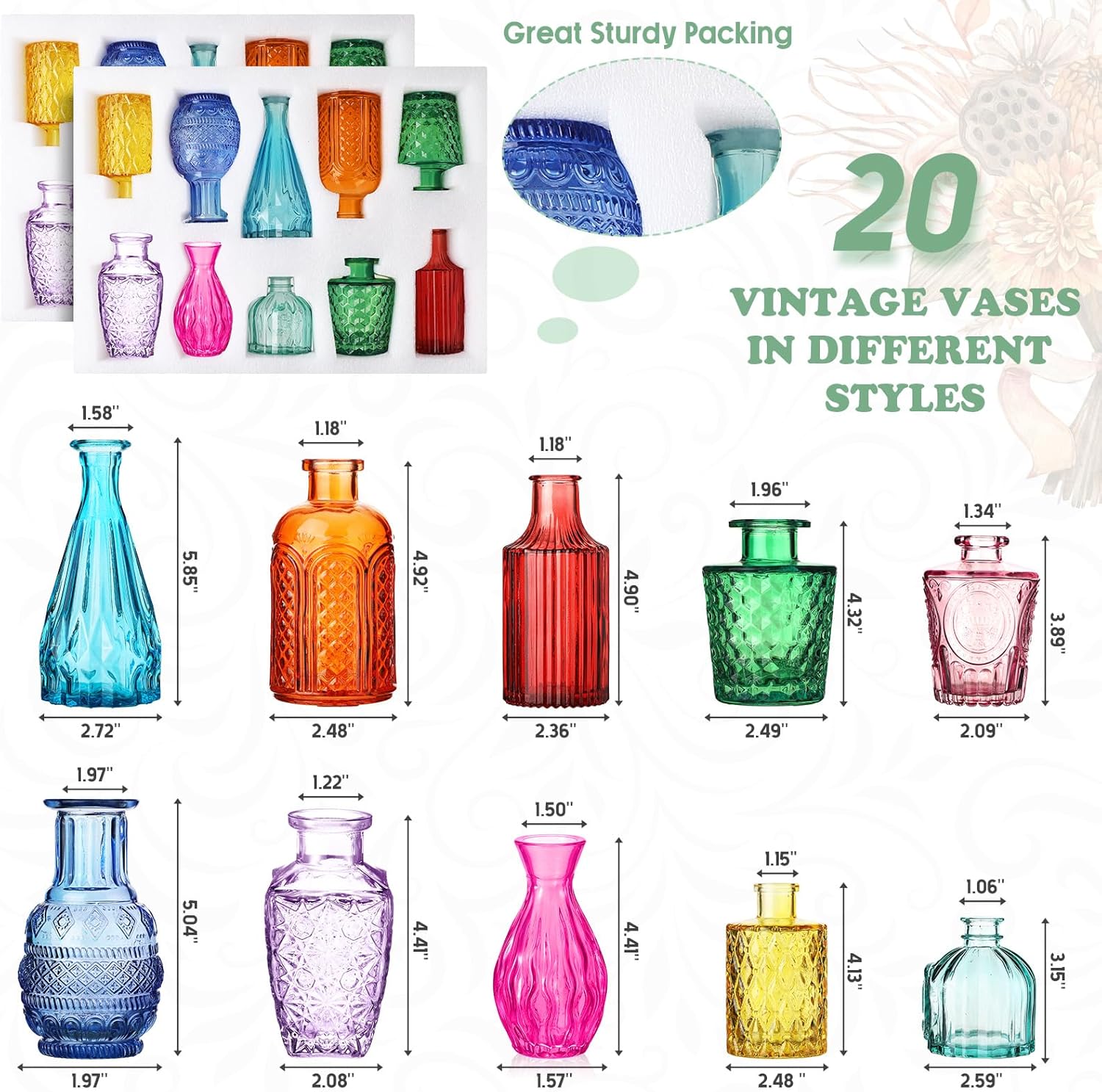 Inbagi 20 Pcs Glass Bud Vase Set - Colored Flower Vases Bulk, Vintage Embossed Decorative Bottles for Wedding Valentine Home Table Centerpieces Decor