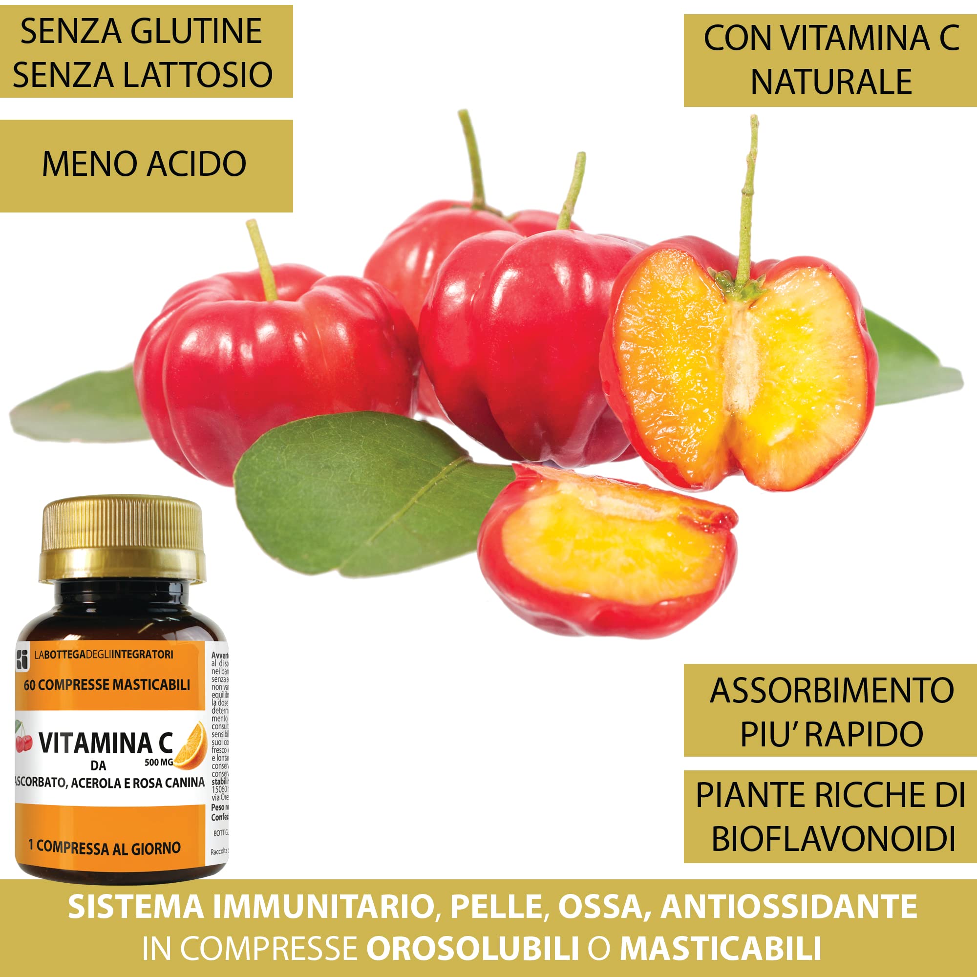 Vitamina C da Ascorbato Di Sodio Acerola e Rosa Canina 240 Compresse Masticabili 1 al dì | Senza Glutine e Lattosio | Meno Acida | Assorbimento più rapido | non di origine animale | 500 mg