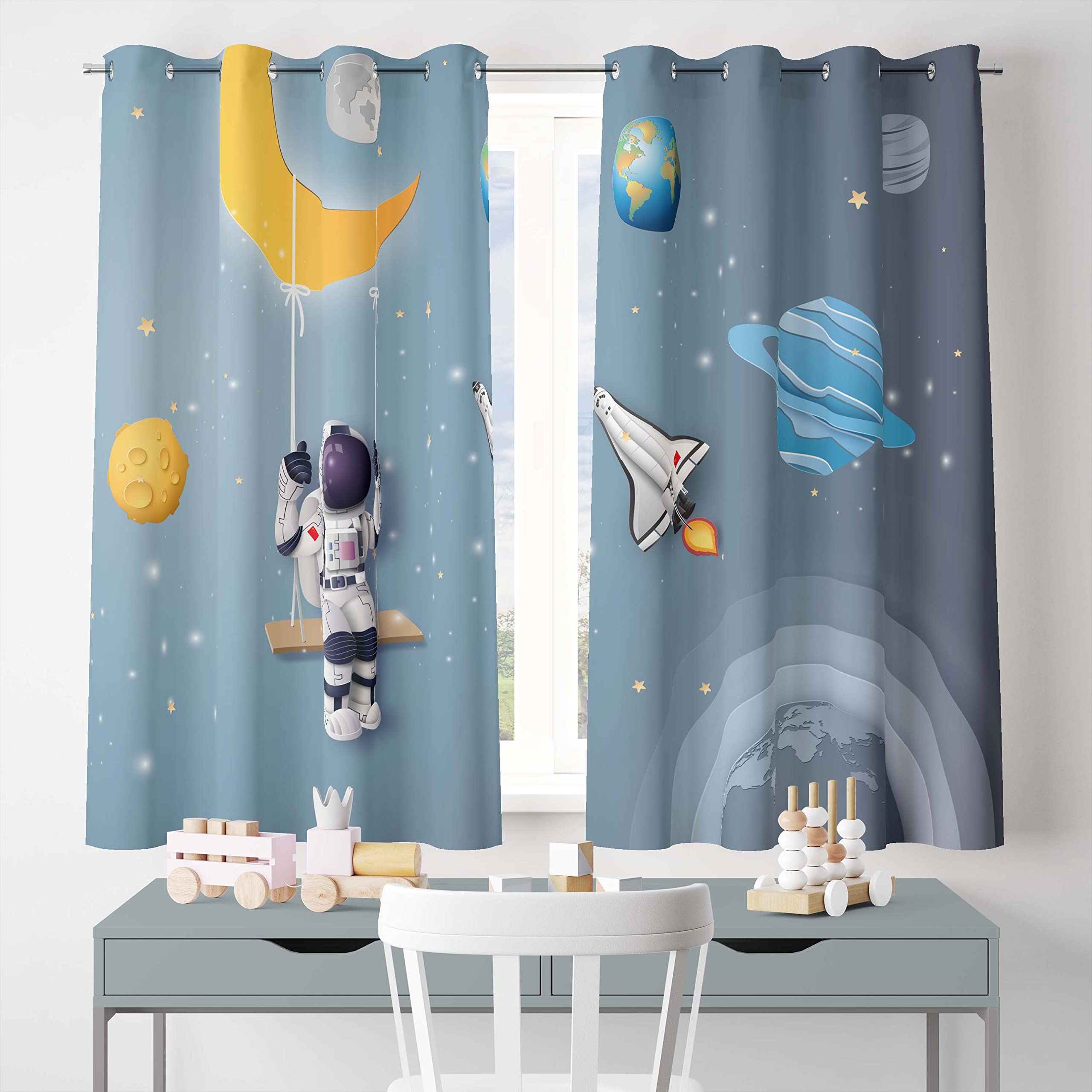 SHUIZHIHE Cortinas de astronauta del espacio exterior, arte de ensueño planeta universo mundo, cortinas opacas impresas en 3D, tela de tratamiento, habitación de los niños, cortinas de habitación de