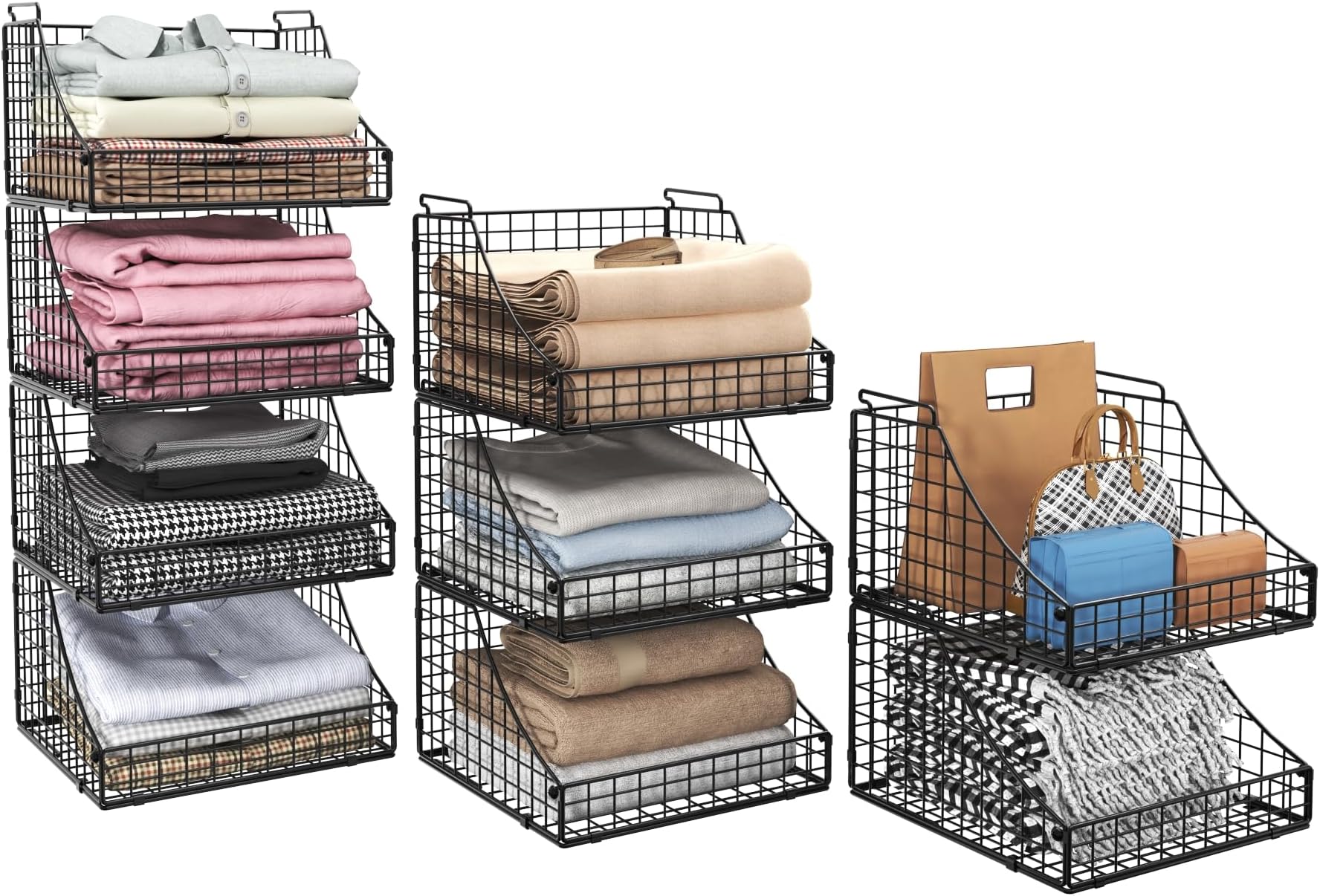 Lyuwanxian 4-Pack Stackable Wire Baskets for Closet Organizers and Storage, Open Storage Bins for Clothes, Toys, and Snacks - Rustic Metal Closet Organizer and Shelves in Black