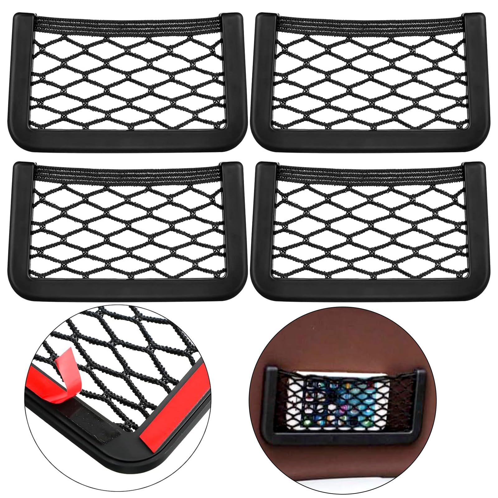 Zurligi 4-Pack Car Pocket Net Organizer, Framed Mesh Storage Pouch for Phones, Cards, Keys, Durable Seat Side and Back Net Holder, Universal Auto Interior Accessories for Easy Organization