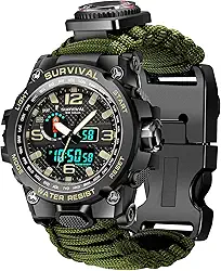 Relógio tático militar 23 em 1 para homens, relógios de sobrevivência multifuncionais à prova d'água ao ar livre com apito de bússola, iniciador de fogo e termômetro, pulseiras de relógio Paracord com equipamento militar ao ar livre