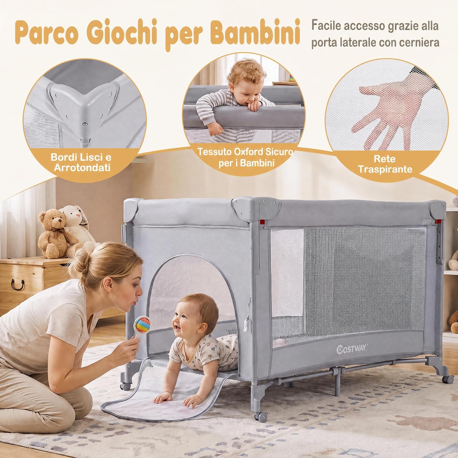 COSTWAY 5 in 1 Culla Co-sleeping Pieghevole per Neonato con Ruote (Grigio) | Lettino da Affiancare Portatile con Fasciatoio, Meterasso, Giocattoli e Carillon, Altezza Regolabile, per Bambini 0-3 Anni