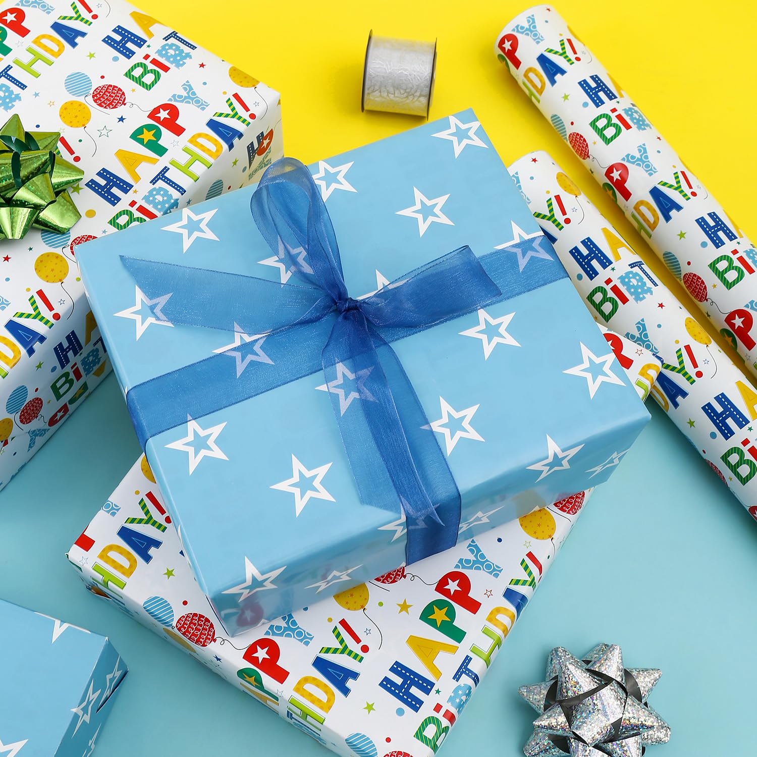 CAMKUZON Rollo de papel de regalo reversible de cumpleaños para niños, niñas, niños, hombres y mujeres, colorido diseño de globos y estrellas de feliz cumpleaños, papel de regalo para celebraciones de