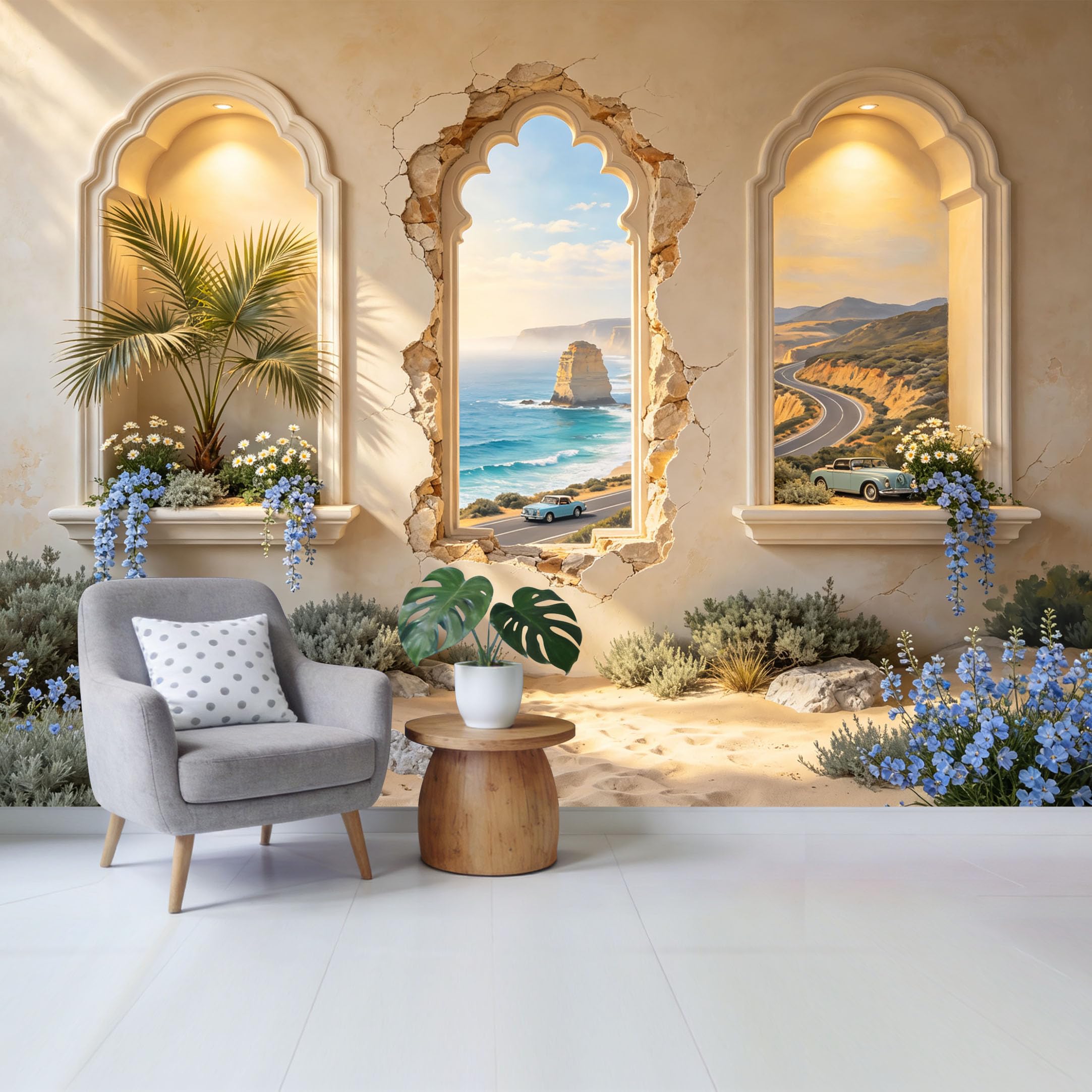Custom Size Wall Mural Coastal Ocean Cliff View with Vintage Car Road Palm Plants and Blue Flowers Removable Self Adhesive Fabric Home Wall Decor for Living Room Bedroom Bathroom