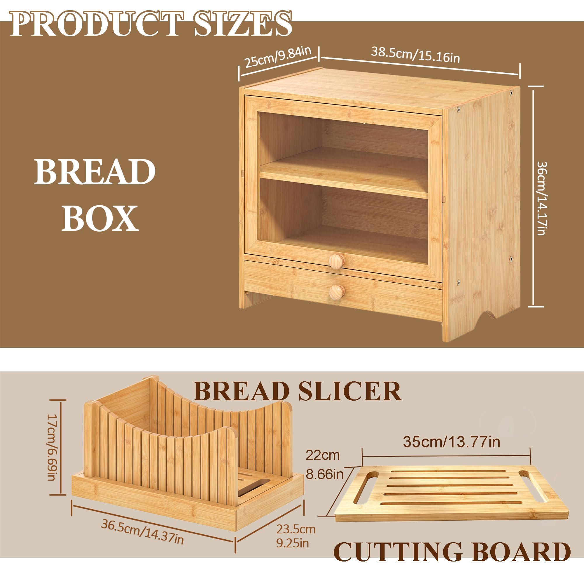 2-poziomowy Pojemnik na Chleb z Deską do Krojenia, 38.5x25x36 cm Duży Drewniany Kosz na Chleb z Krajalnicą, Bambusowa Skrzynka z Okienkiem na Domowe Pieczywo i Ciastka