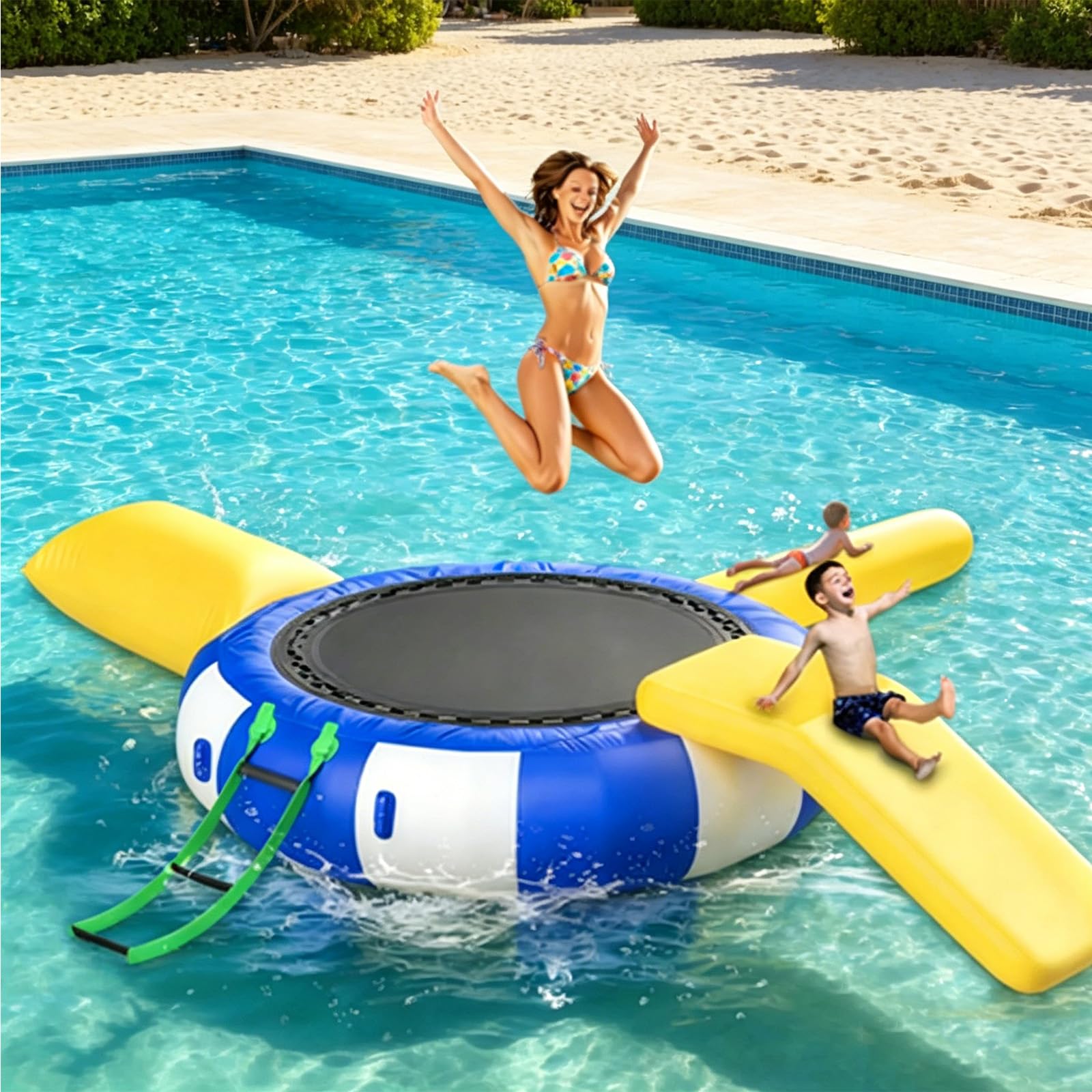 NSACMD ,10ft,10ft Heavy-Duty Inflatable Water Trampoline – Floating Bouncer with Blower, Detachable Slide & Ladder – Quick-Inflate, Portable for Lake, Pool, Ocean – Fun for Kids & Adults