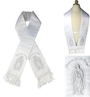 White Satin Stole Sash Baptism Christening Embroidered Virgin Maria in Gold Silver