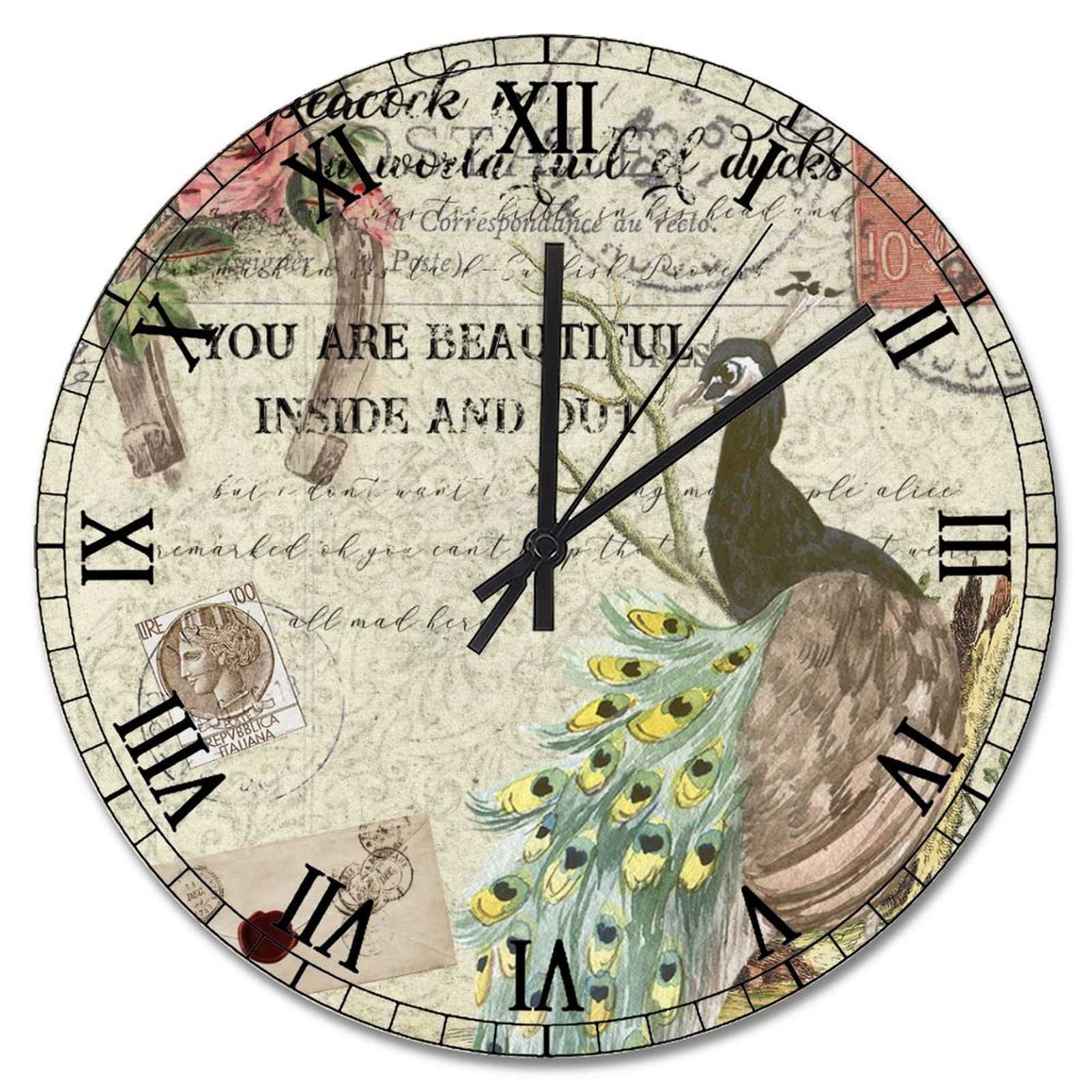 Horloge murale paon aquarelle chic style vintage rétro en bois pour salon