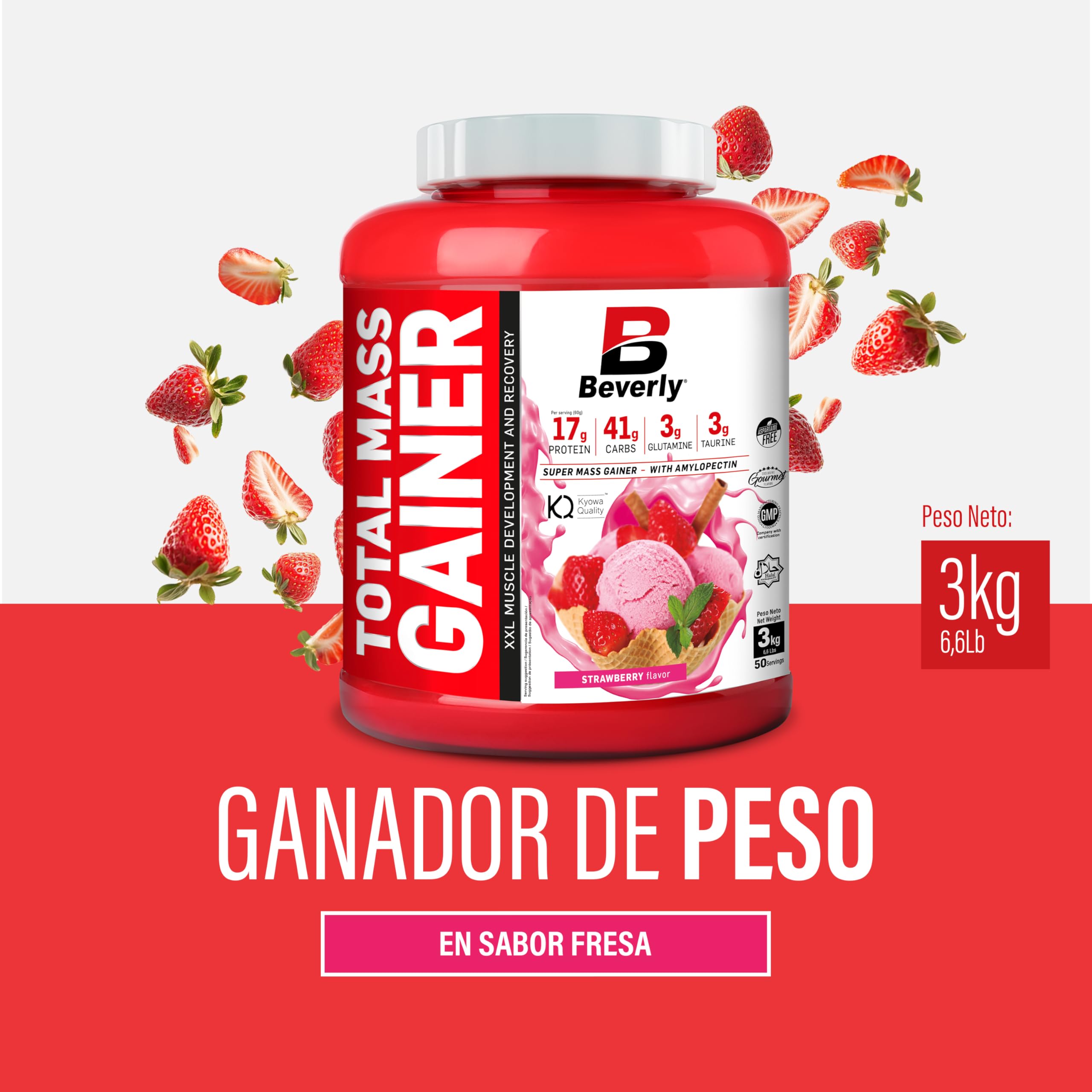 Beverly Total Mass - Proteína con hidratos de carbono, glutamina y taurina - 3 Kg - 50 Servicios - Ganancia muscular y de peso libre de grasa. Delicioso sabor (3 KG, FRESA)