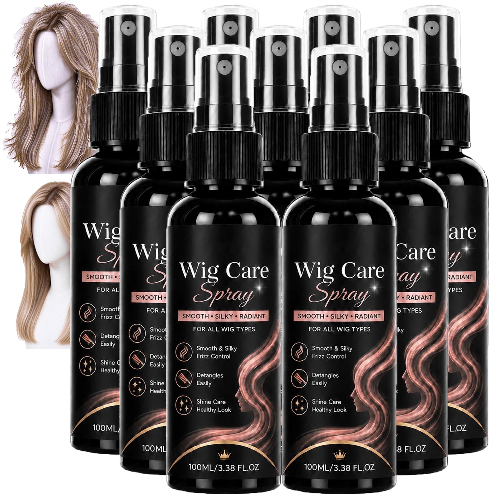 Wig Care Spray, Synthetic Wig Detangler Spray, Leave-In Conditioner for Human Hair Wigs, Anti-Frizz Refresh Mist, Frizz Control and Silky Smooth, Rinse-Free Nourishing Formulation, Daily Care (9pcs)