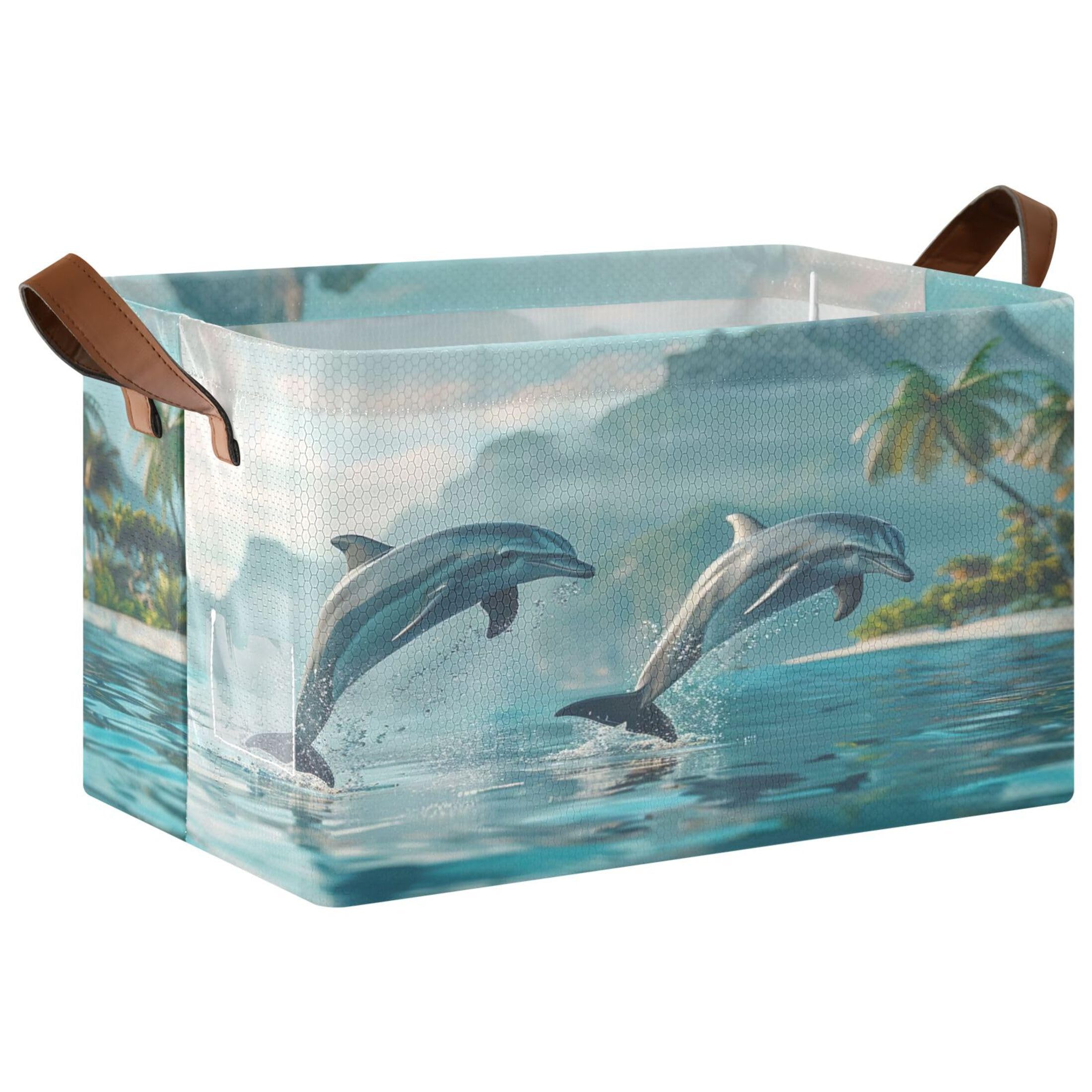 Kutsu Foldable Storage Basket Dolphins Collapsible Storage Bin with Handles for Shelves, Rectangle Basket for Home Nursery Decor, 16.9x11.4x10 in