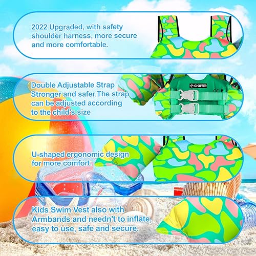 Miniatura 9 de Chriffer Chaleco salvavidas para niños de 22 a 66 libras, flotadores con arnés de hombro y alas de brazo para bebés de 2, 3, 4, 5, 6, 7 años