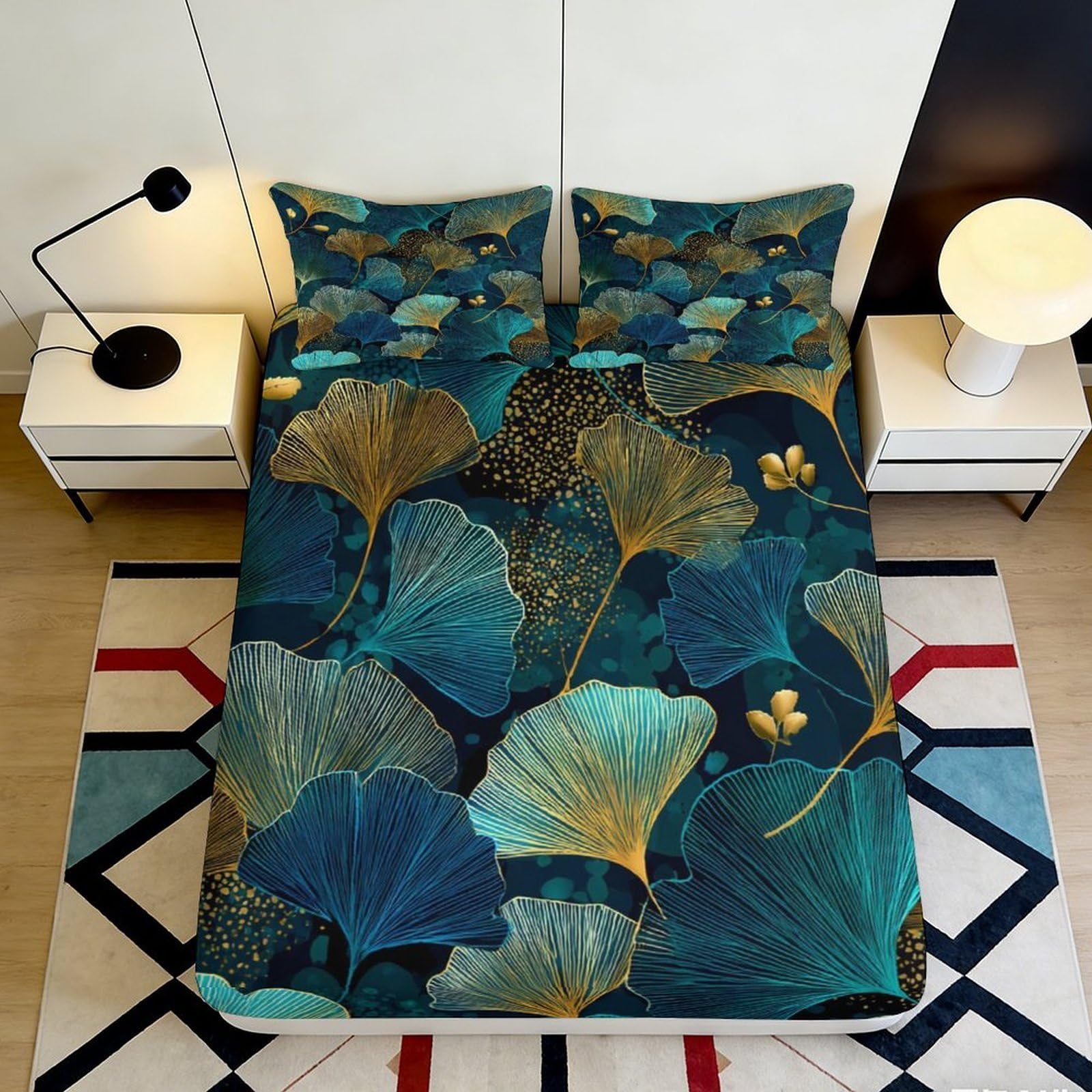 3D Printed Ginkgo Leaf Fitted Sheet Microfiber Bedroom Decor Botanical Mattress Cover Anti-Slip Washable for Adults Teens 160x200x25cm