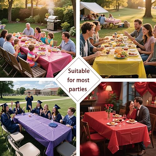 Miniatura 6 de Paquete de 12 manteles de plástico desechables de colores surtidos, 54 x 108 pulgadas, mantel rectangular colorido para fiesta temática de arco