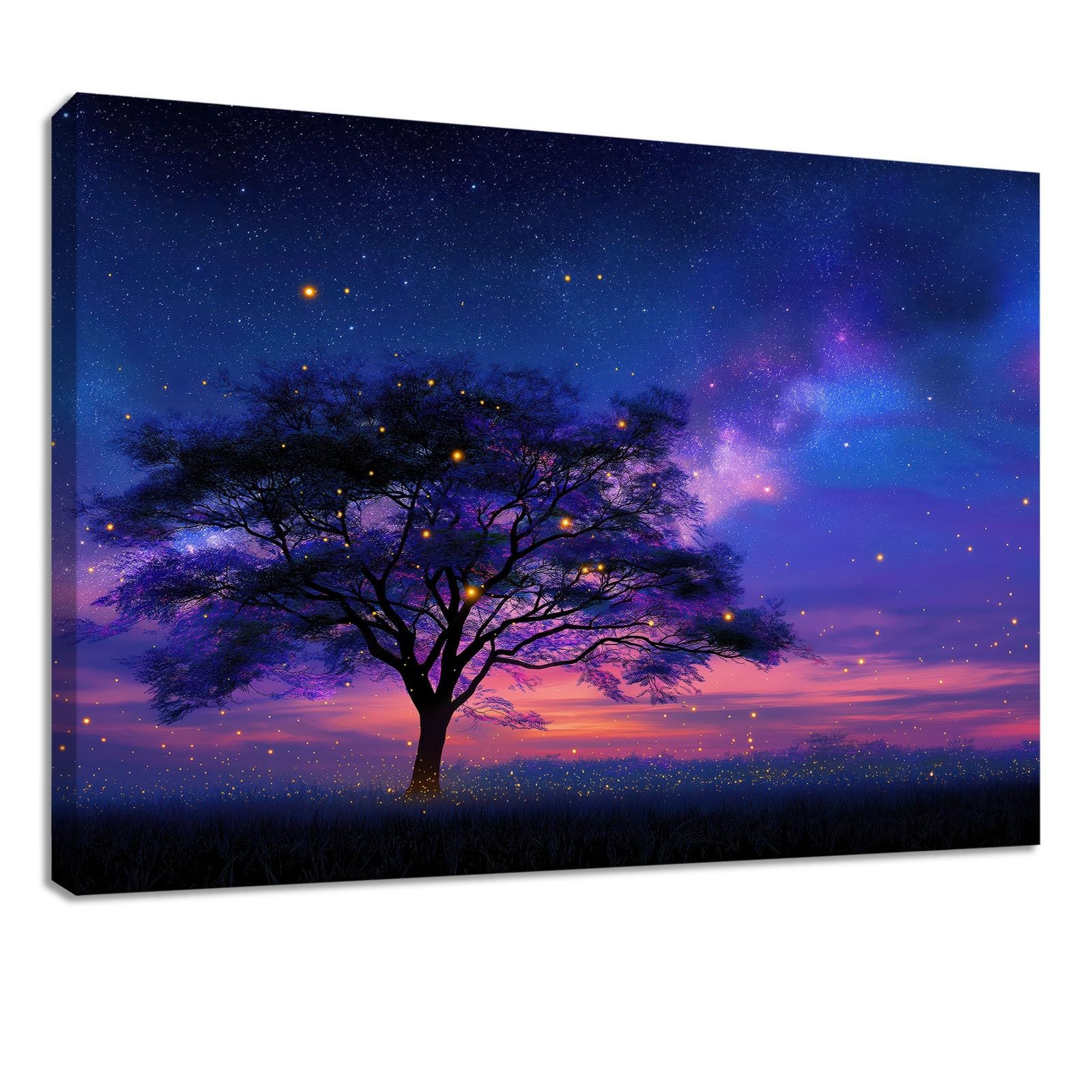 Obraz na płótnie z magiczną ramką gwiaździste niebo - obraz 120 x 80 cm niebieskie drzewa świetliki Droga Mleczna - Plakat Dekoracja ścienna do salonu, sypialni, łazienki i biura
