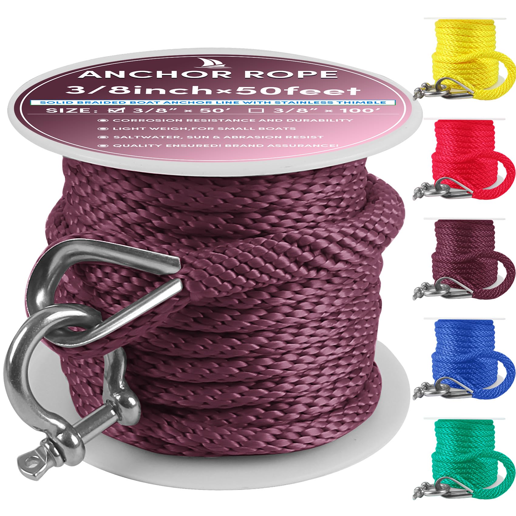Premium Anchor Rope 50 ft x 3/8 inch, Solid Braid MFP Anchor Line Marine Rope with Thimble & Shackle - Wine — image 1