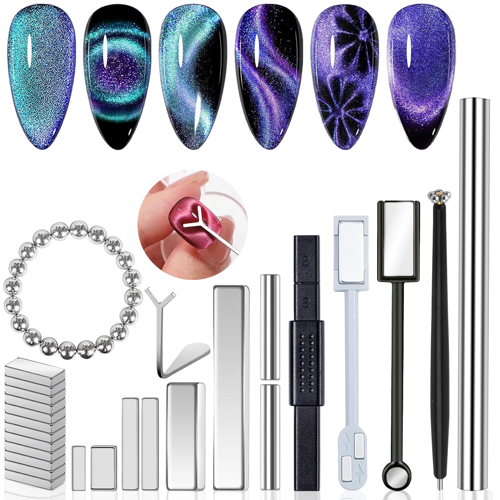 46Pcs Cat Eye Nail Magnet Tool Set, Cat Eye Heart Magnets for Nails, Double-Head Nails Magnet Stick, Round Magnetic Beads, Heart Cat Eye Gel Polish Magnets Tools for Women DIY Manicure Style 1